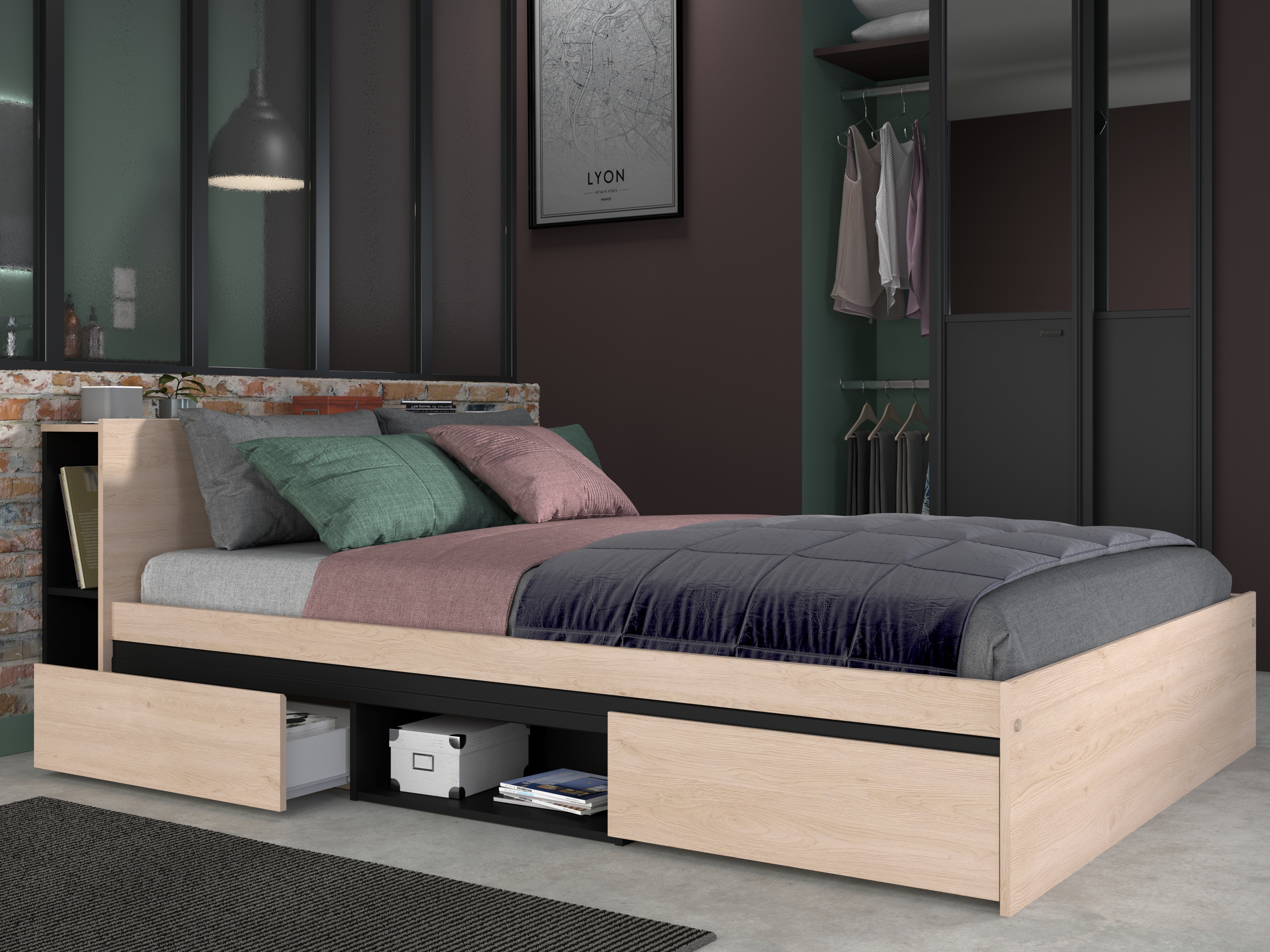 Lit LEDGER 140x190 cm chêne brooklyn/noir