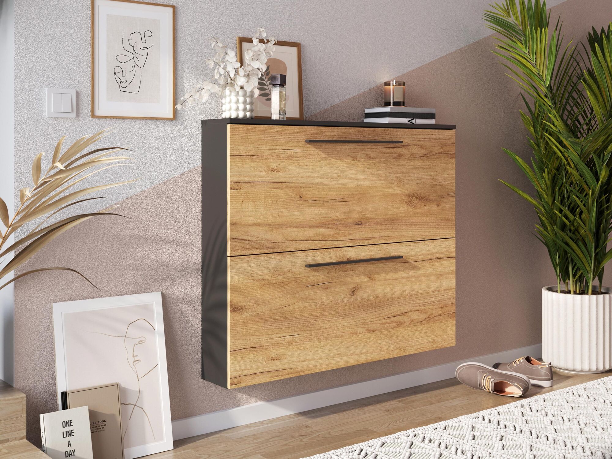 Meuble à chaussures WILDA 2 portes battantes graphite/chêne navarra