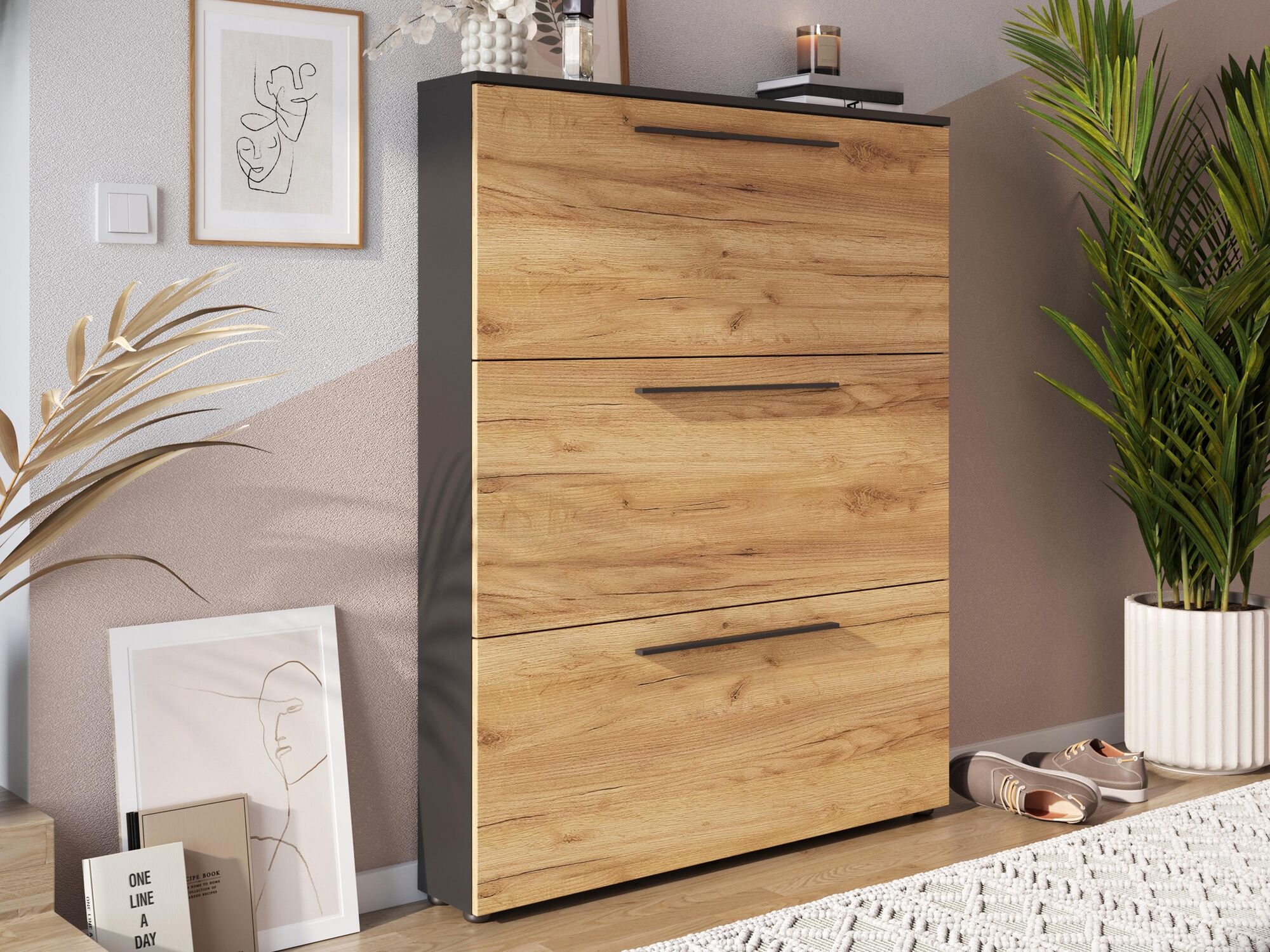 Meuble à chaussures WILDA 3 portes battantes graphite/chêne navarra