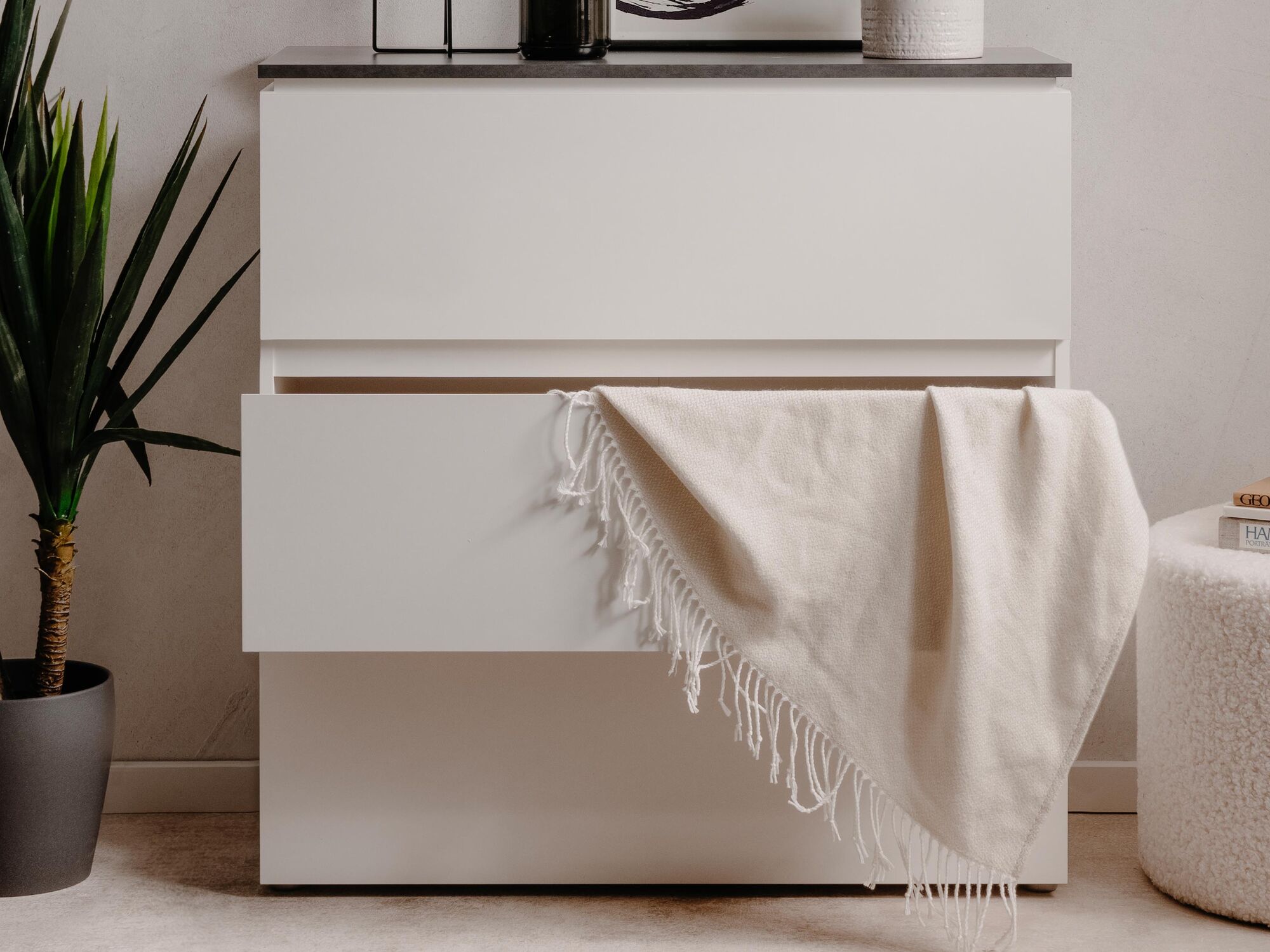Commode BRETON 3 tiroirs blanc brillant/matera