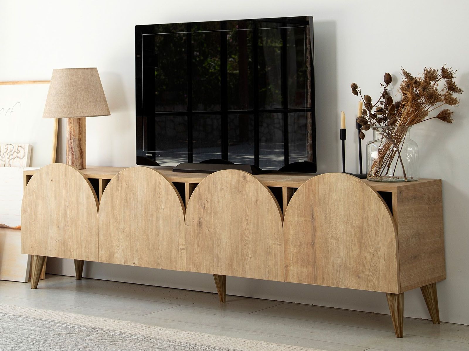 Meuble tv-hifi MUSTI 4 portes battantes chêne doré avec pieds