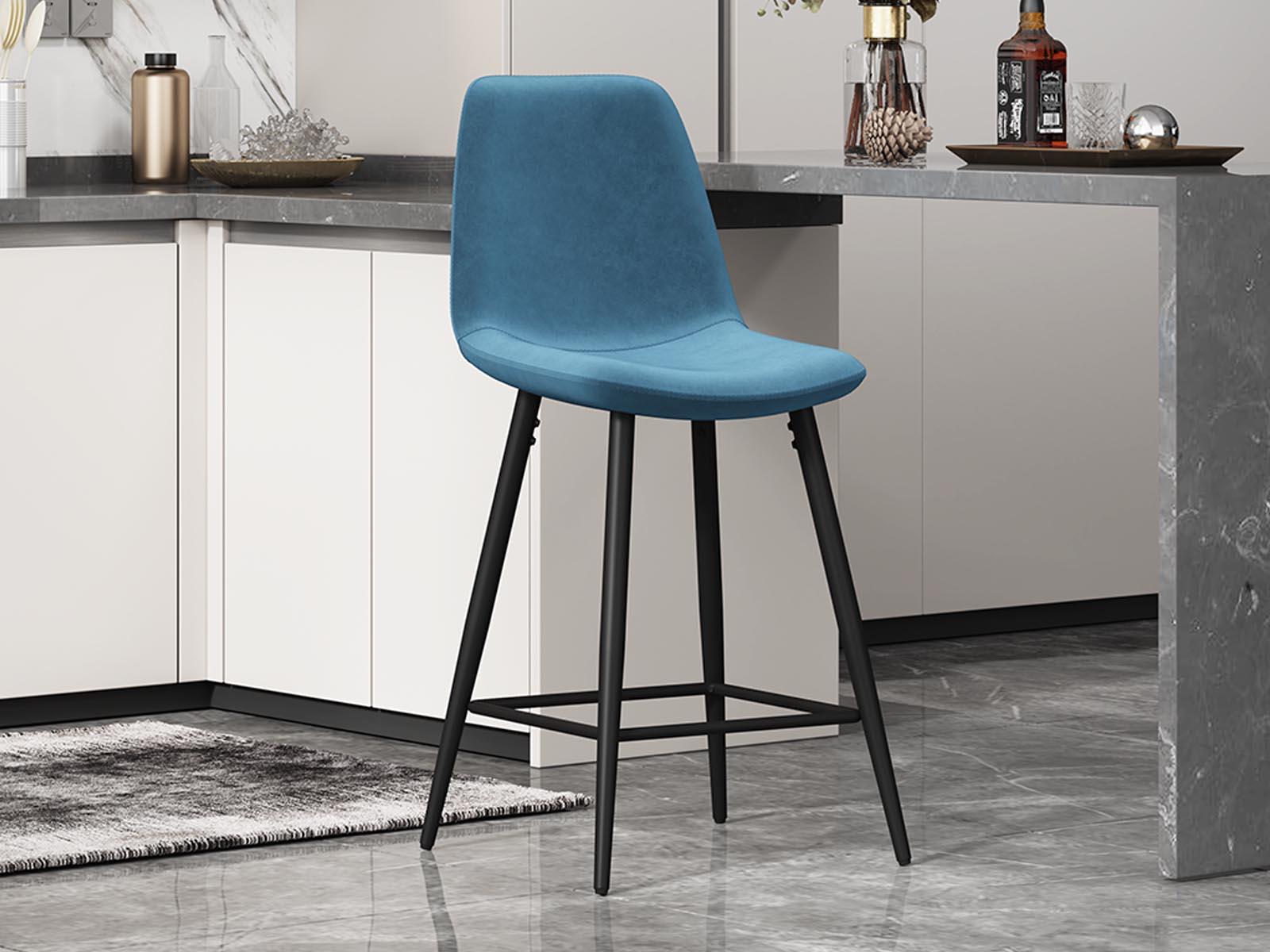 Tabouret de bar BOYATA velours bleu clair