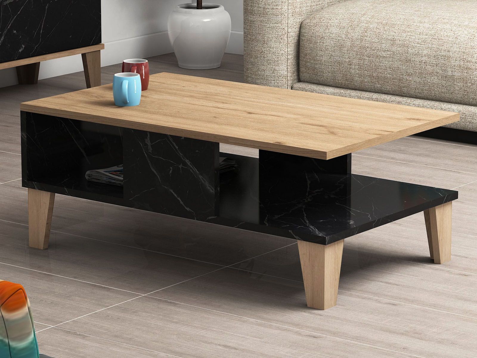 Table basse SUMONIA chêne/noir marbré