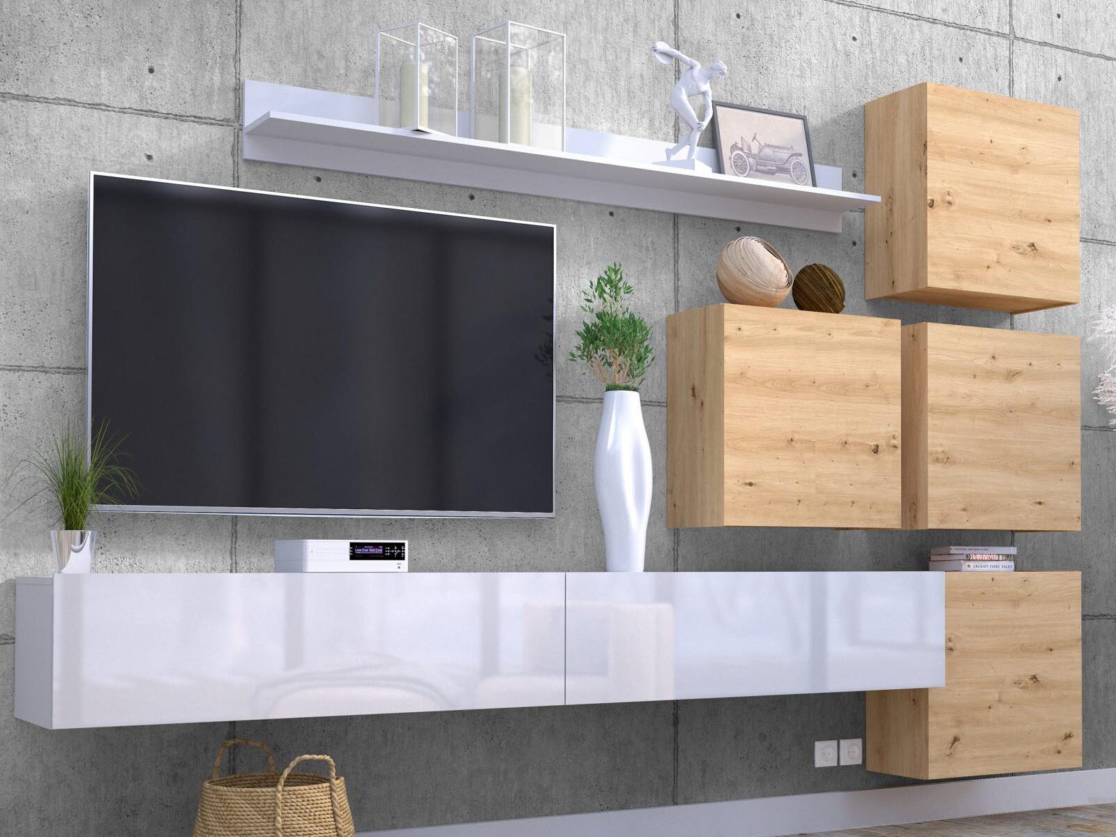 Mur tv-hifi MANIAK 6 portes blanc/chêne artisan