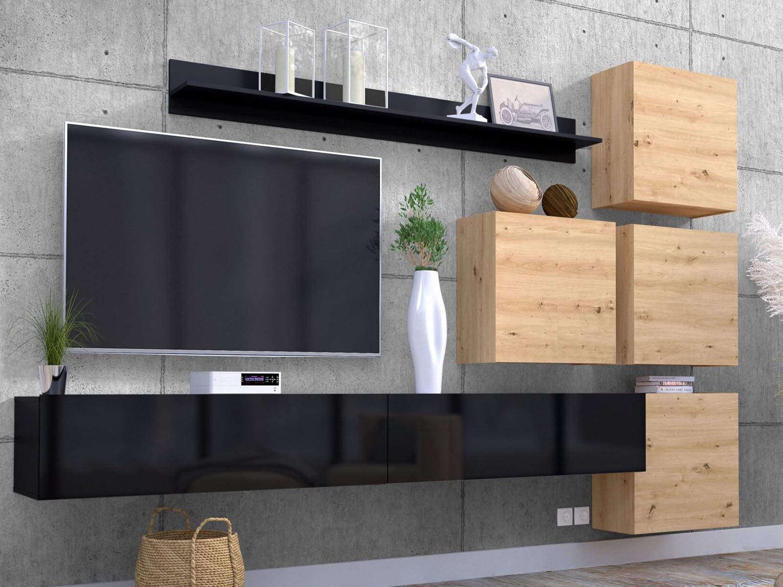 Mur tv-hifi MANIAK 6 portes noir/chêne artisan