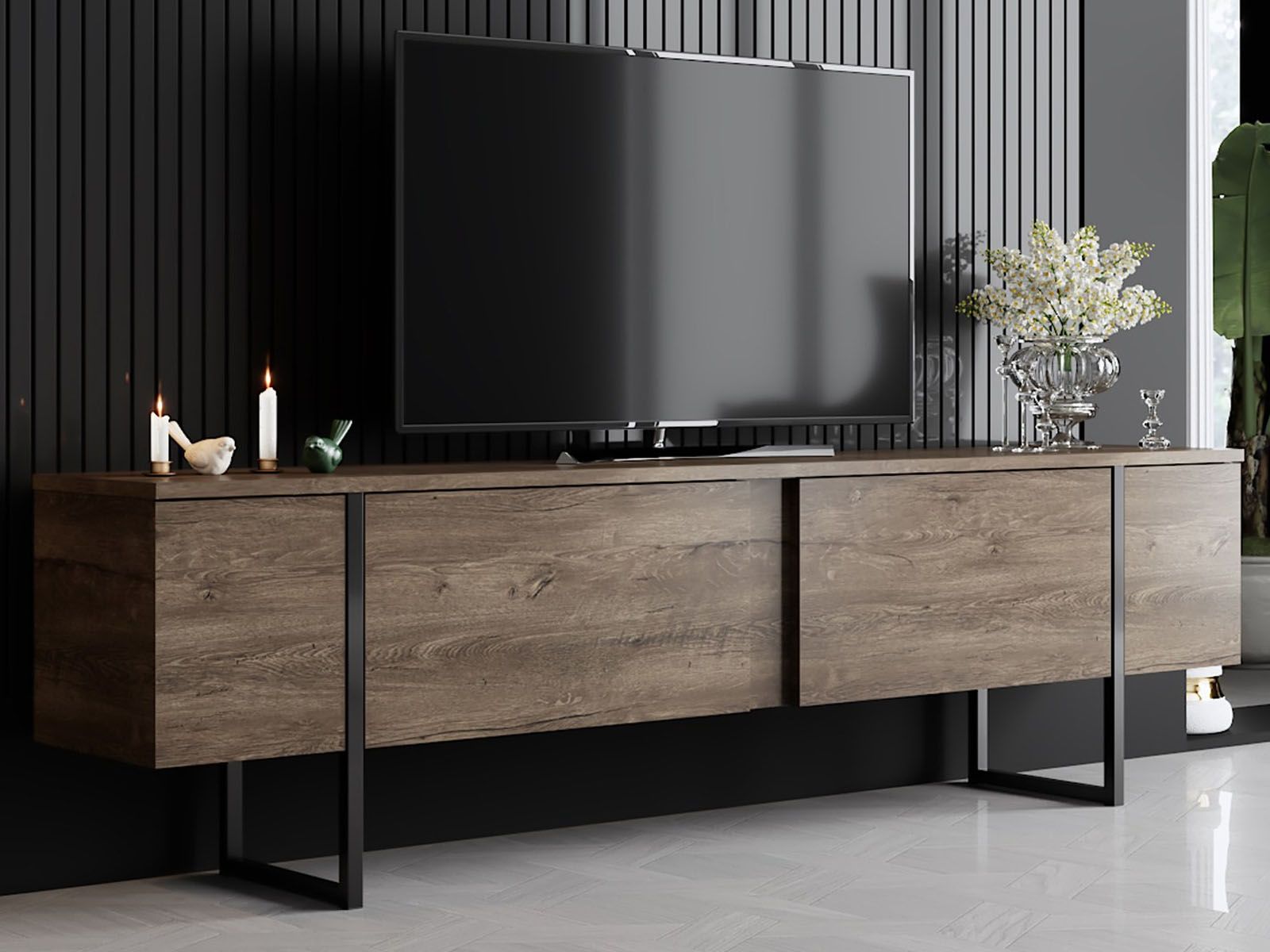 Meuble tv-hifi LUXANA 2 portes noyer/noir