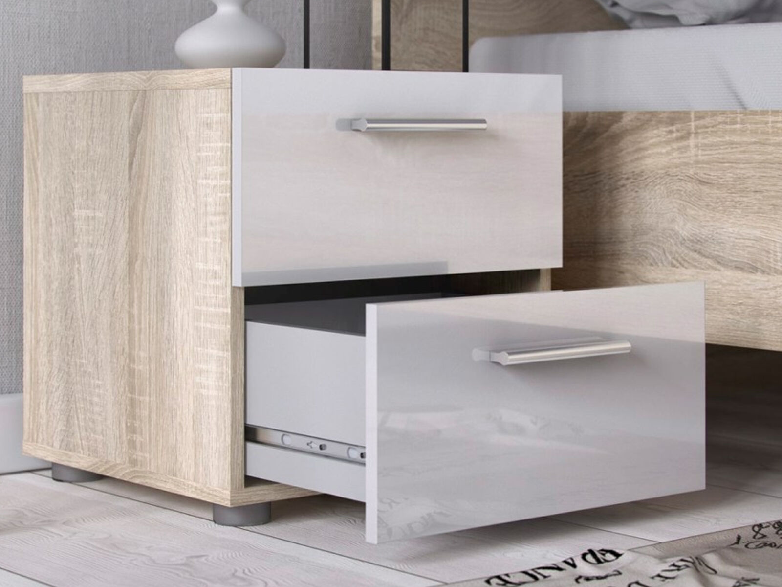 Table de chevet POPEI 2 tiroirs chêne/blanc brillant 