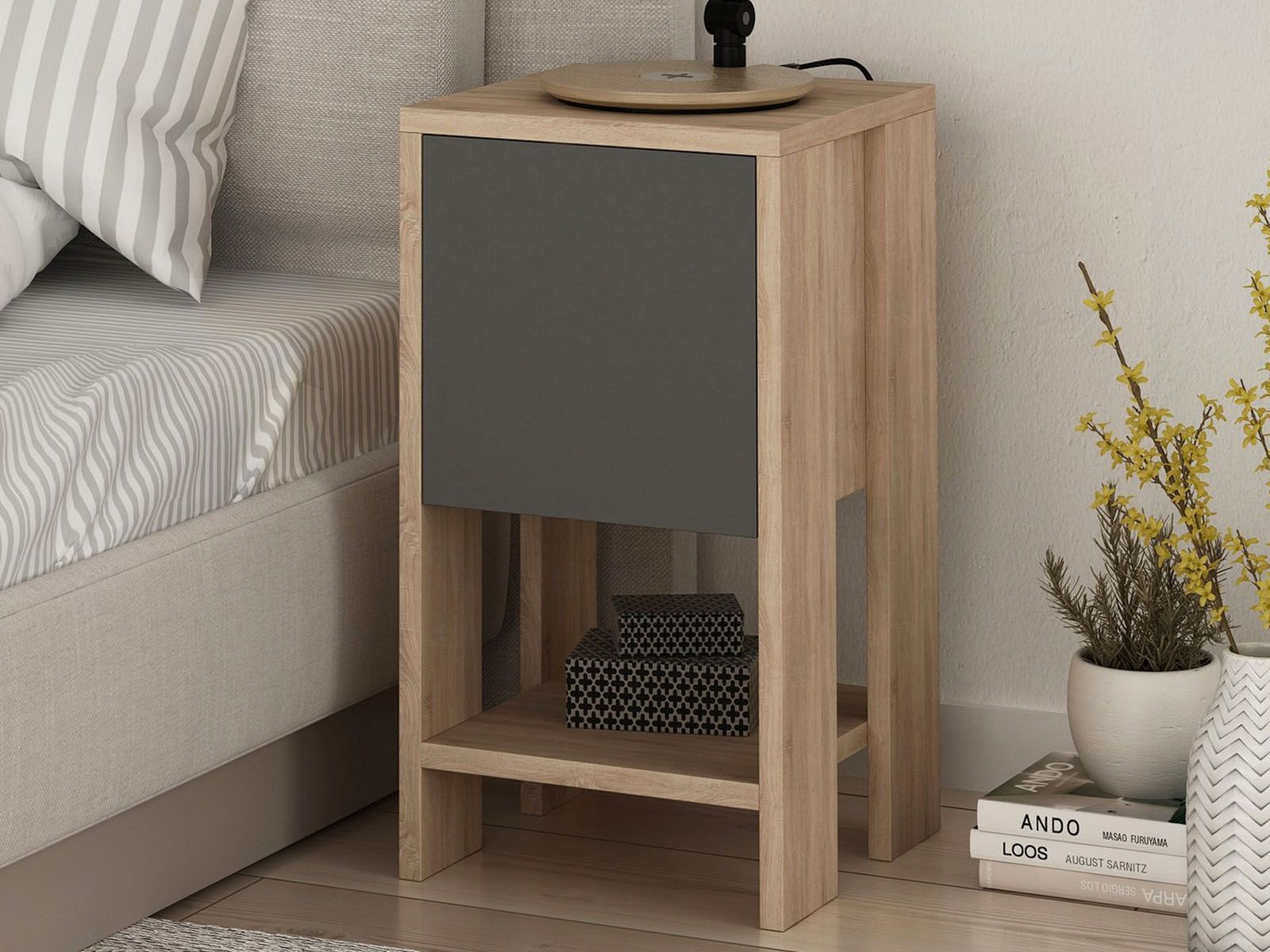 Table de chevet EMAR 1 porte abattante chêne/gris