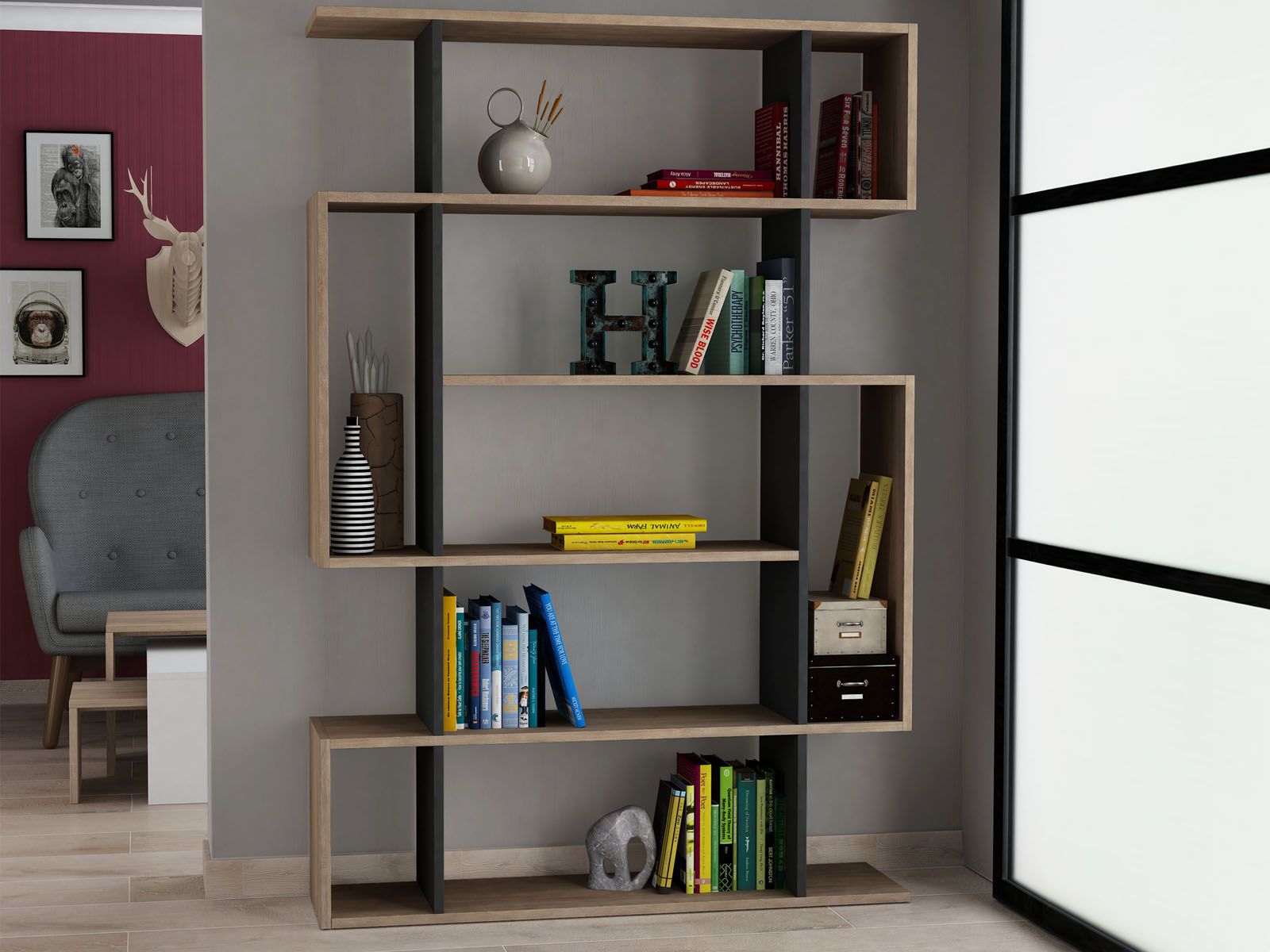 Bibliothèque MITOMA 9 niches chêne anthracite