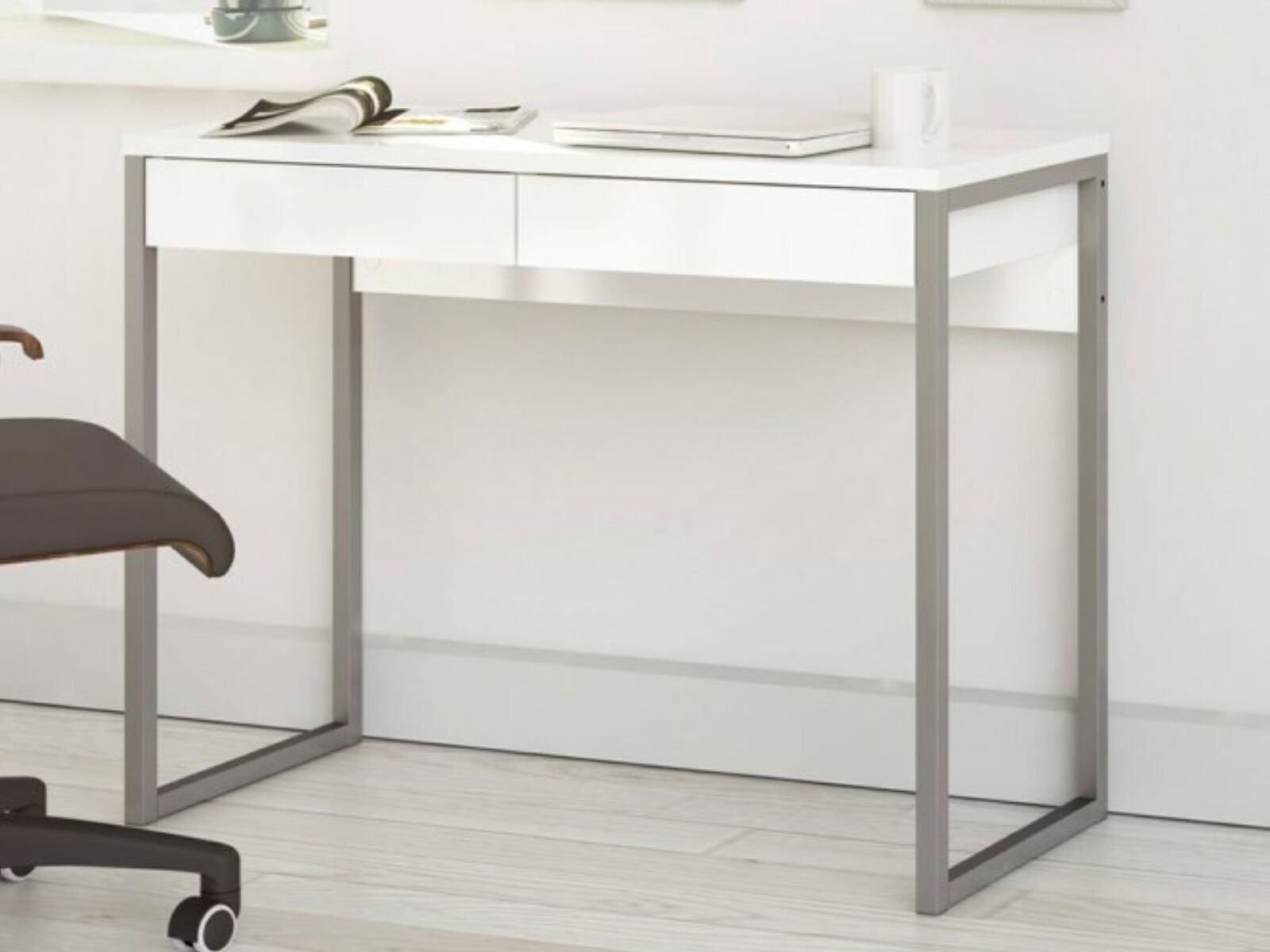 Bureau FERRY 2 tiroirs blanc brillant