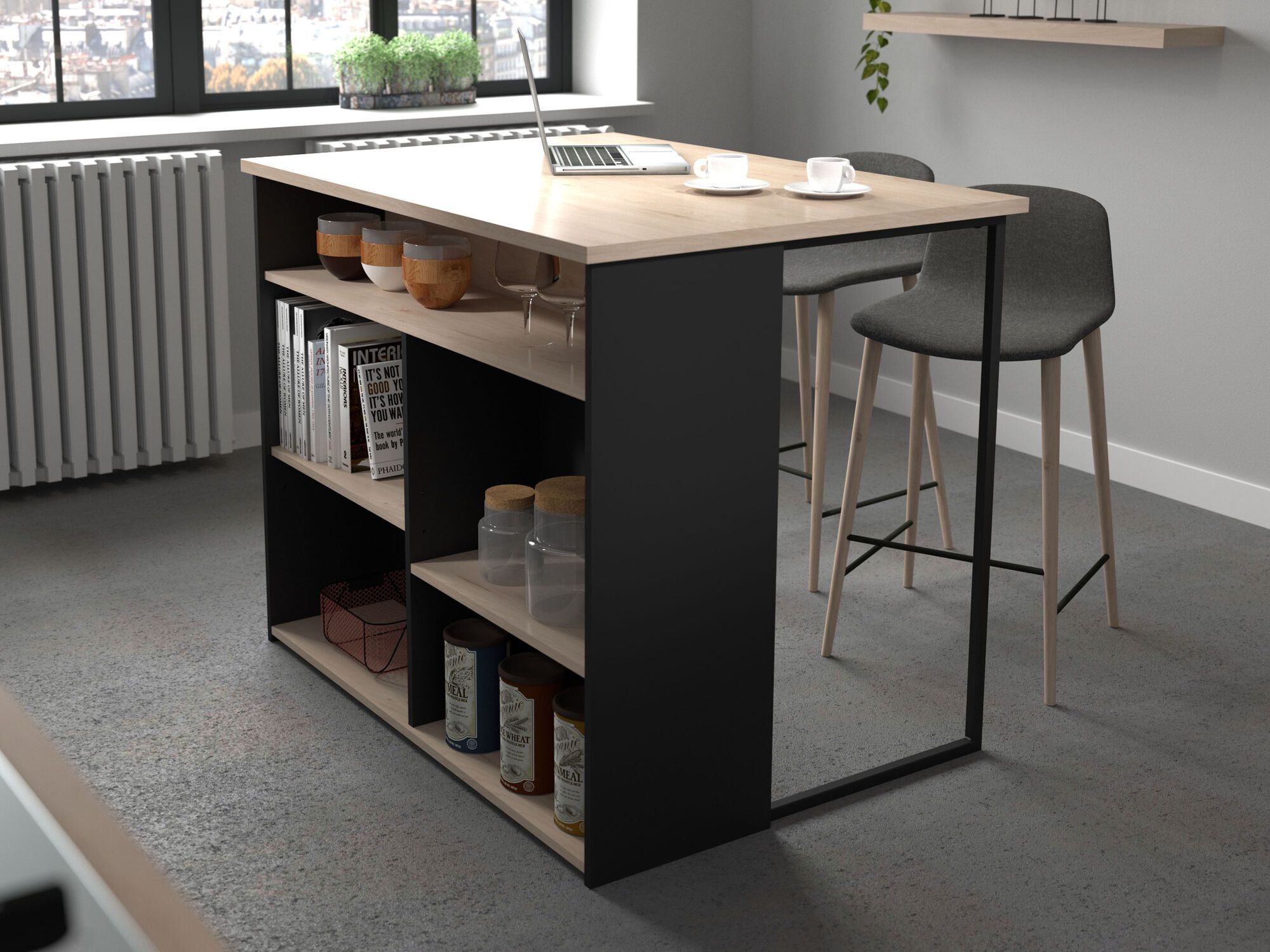 Ilot de cuisine BRUNKA noir/chêne jackson