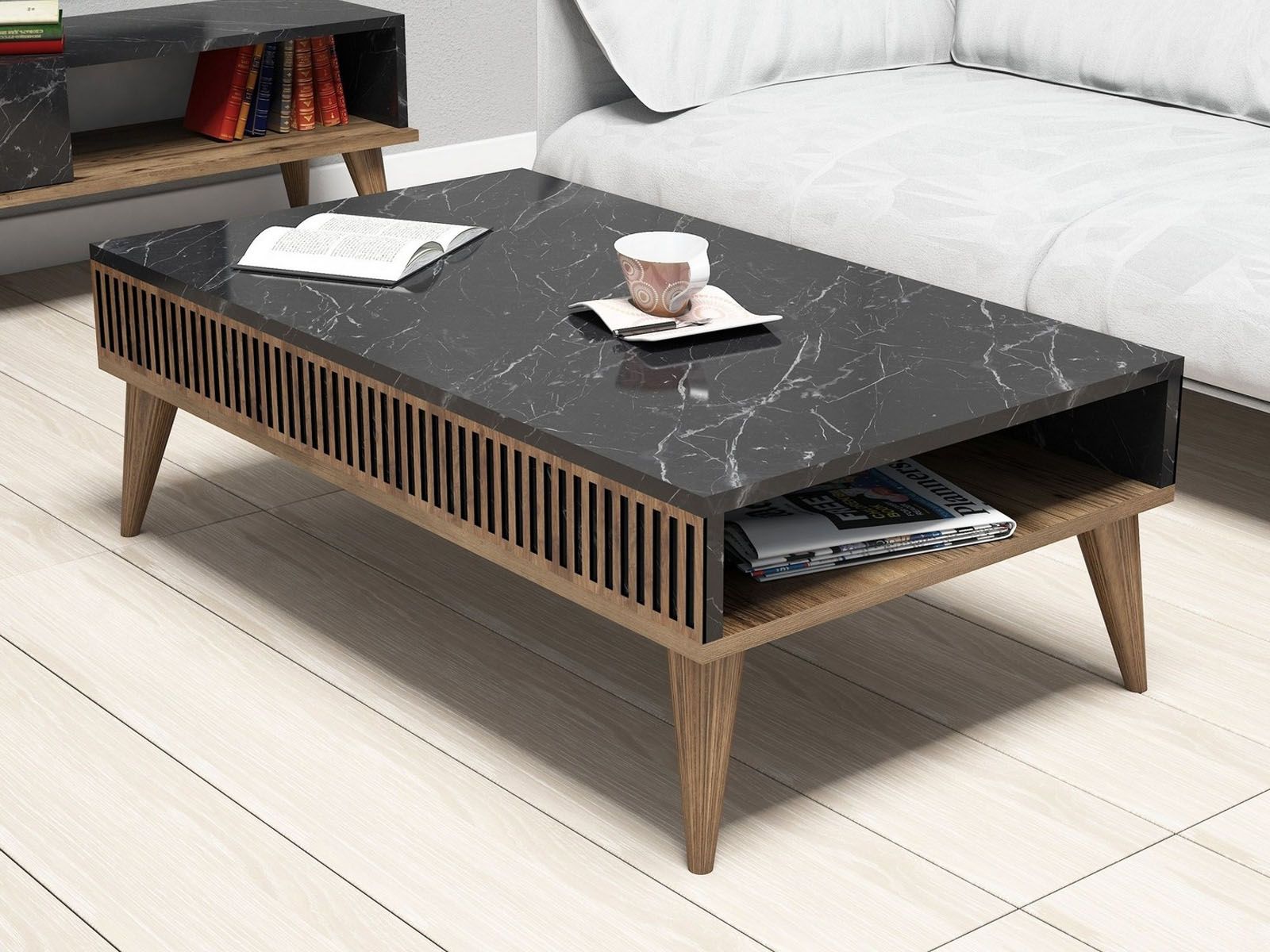 Table basse MILAPA noyer/marbre noir