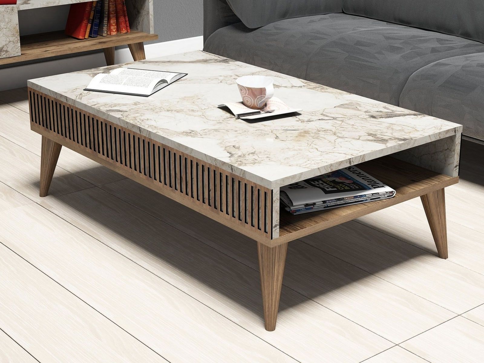 Table basse MILAPA noyer/marbre blanc