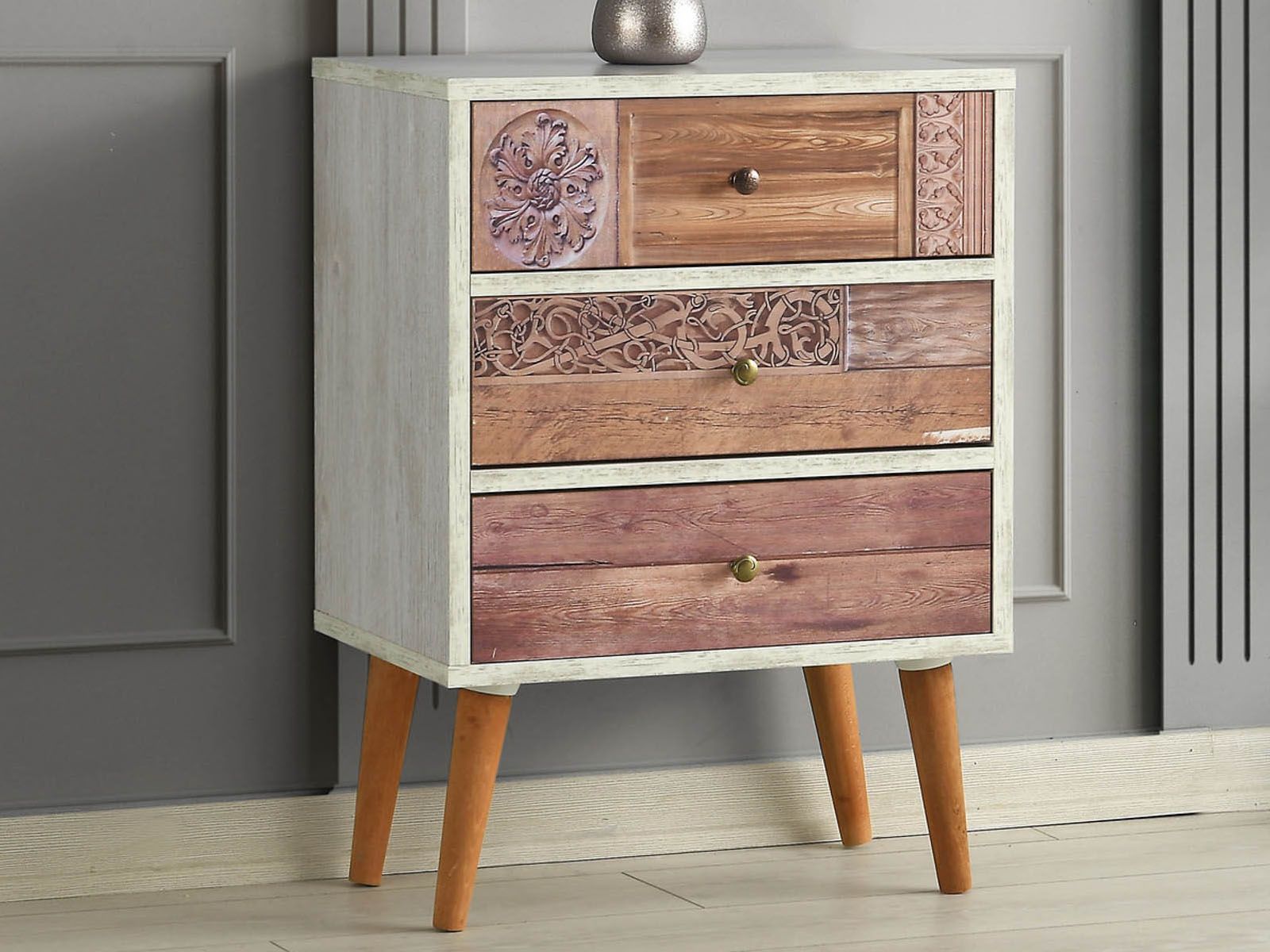 Commode LIZEA 3 tiroirs blanc/noyer