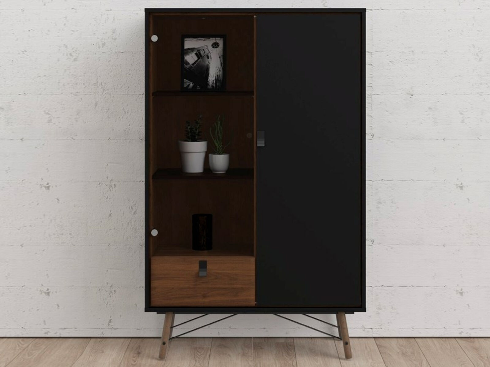 Vitrine RYO 2 portes 1 tiroir noyer/noir