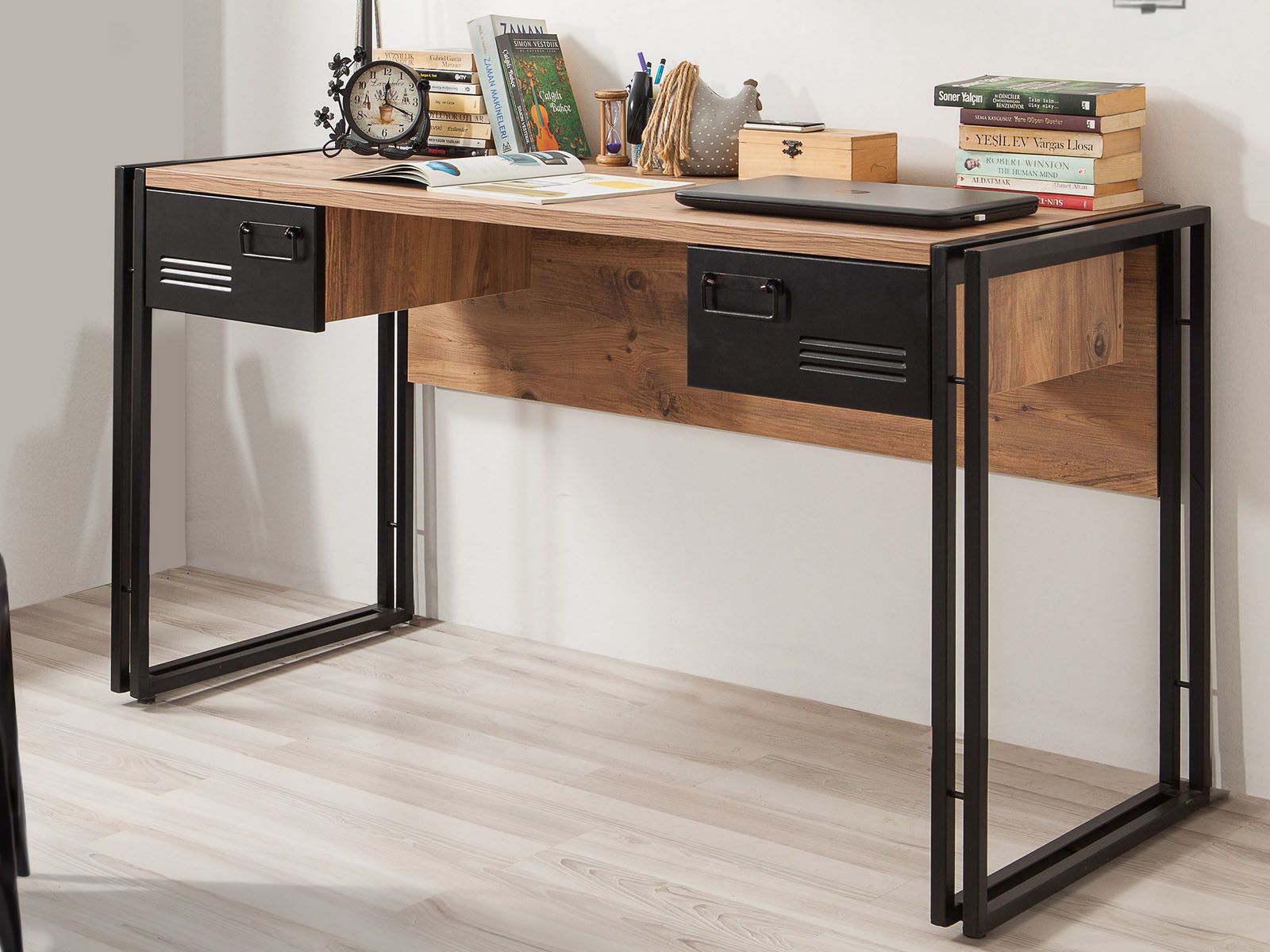 Bureau industriel SIESQO 2 tiroirs pin/noir