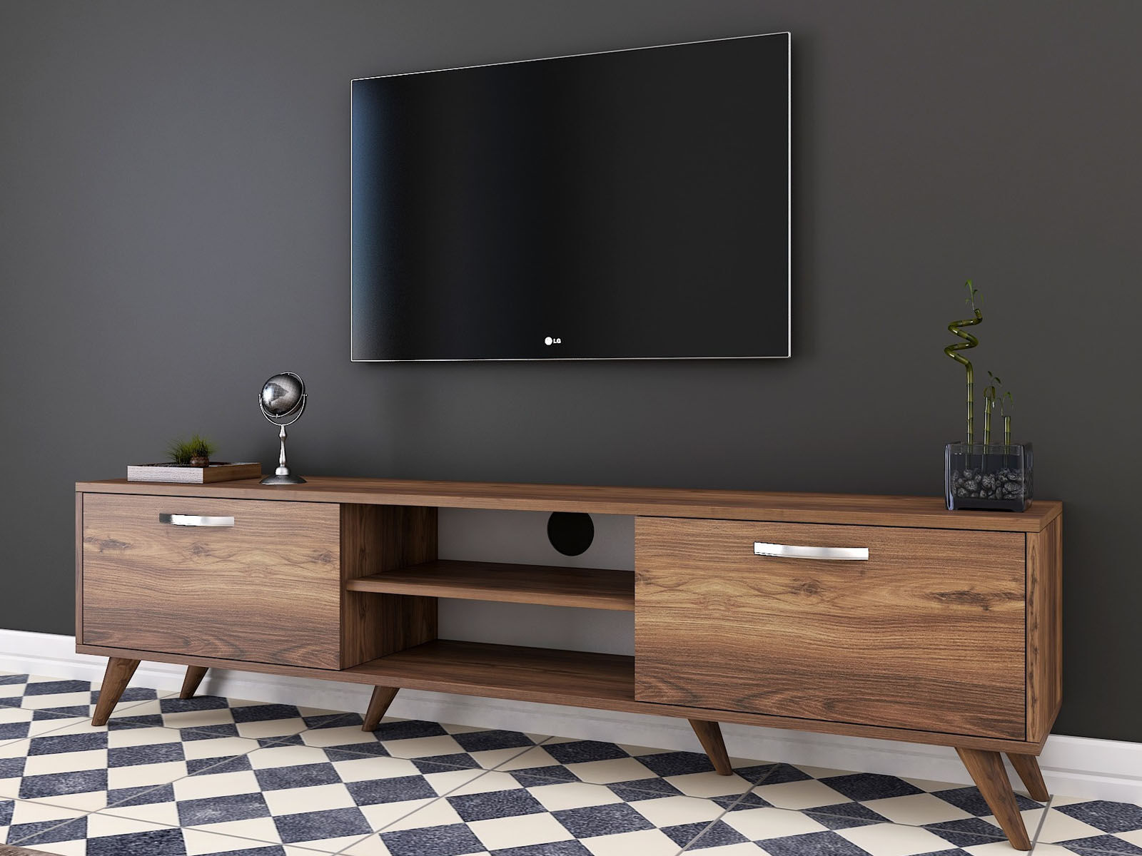 Meuble TV STANDY 2 portes abattantes noyer