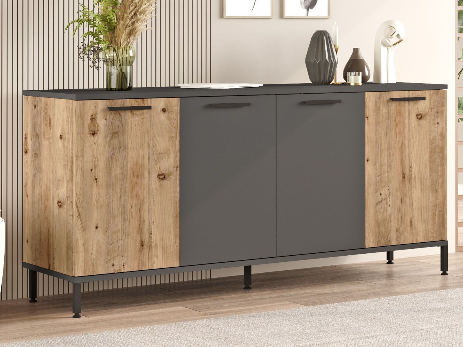 Buffet/bahut RICARDO 4 portes chêne/anthracite