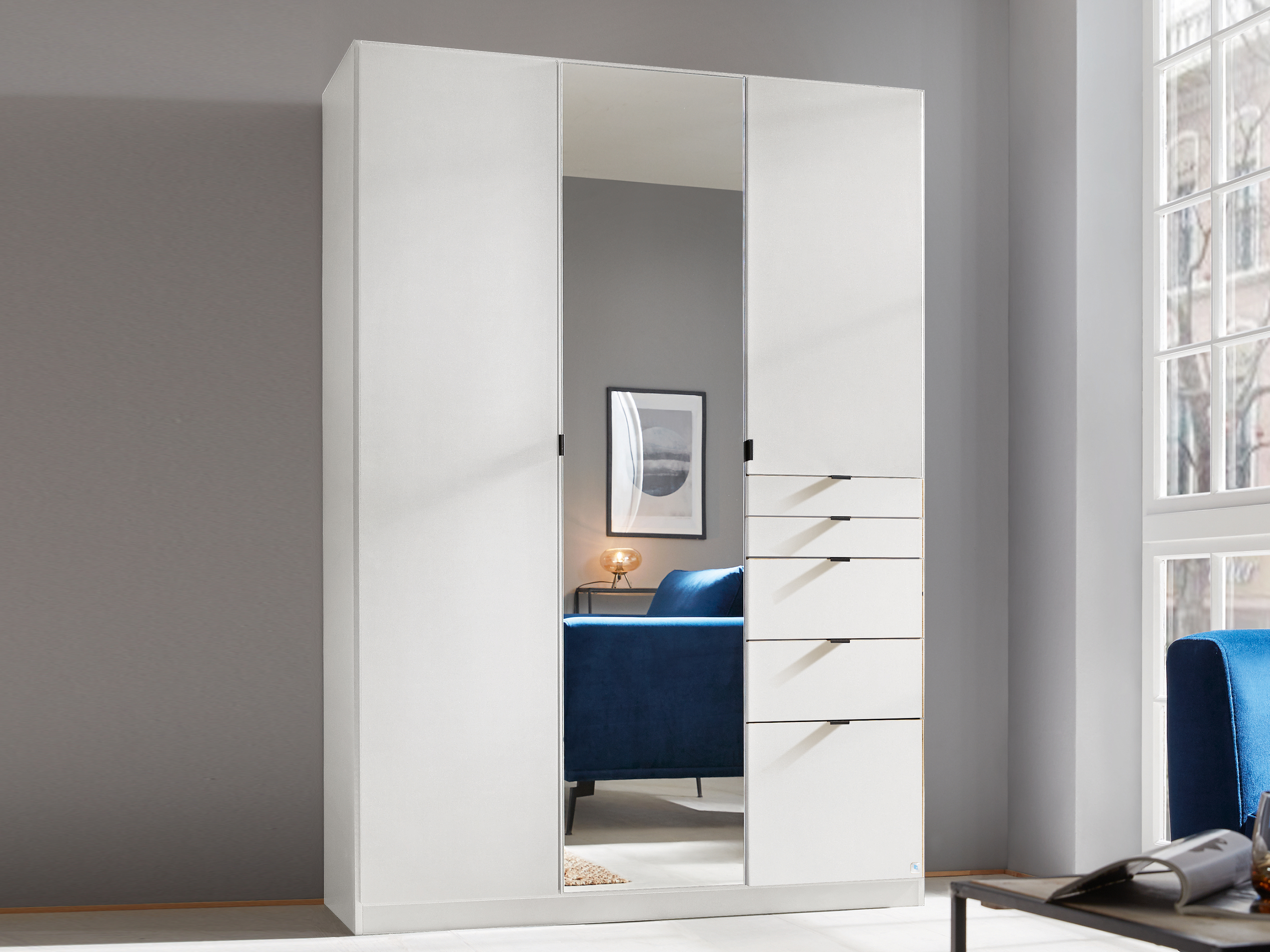 Armoire OTAMENDI 3 portes 5 tiroirs avec miroir blanc neige
