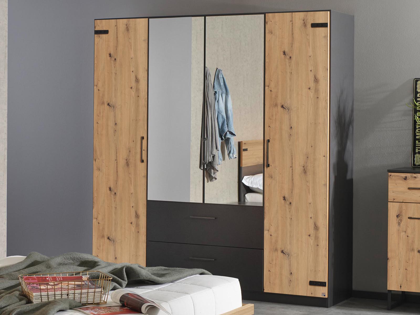 Armoire BUTTO 4 portes 2 tiroirs 181 cm chêne artisan/gris métal avec miroir