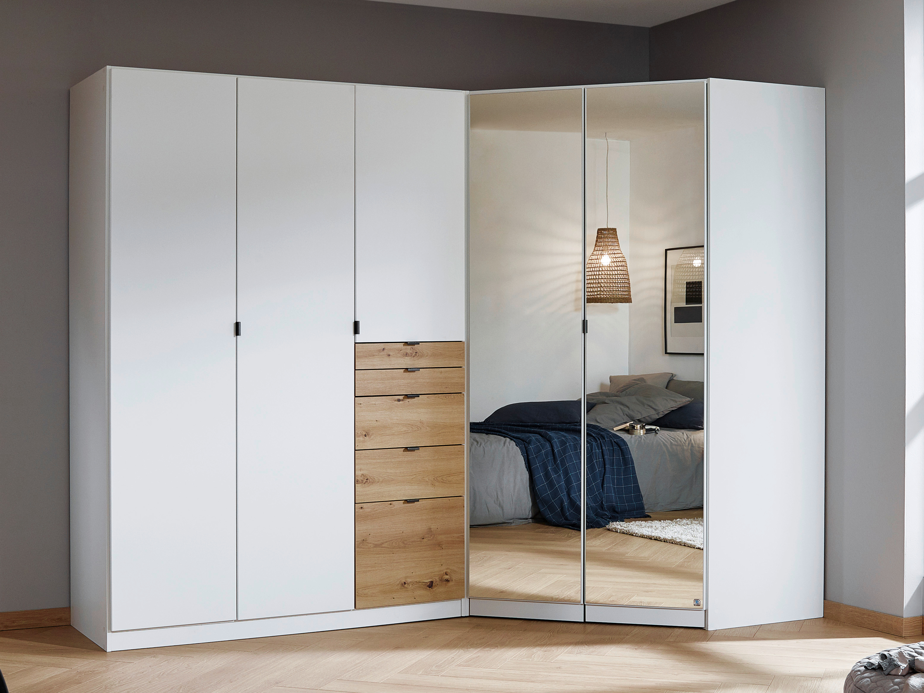 Armoire OTAMENDI 5 portes 5 tiroirs avec miroir blanc neige/chêne artisan