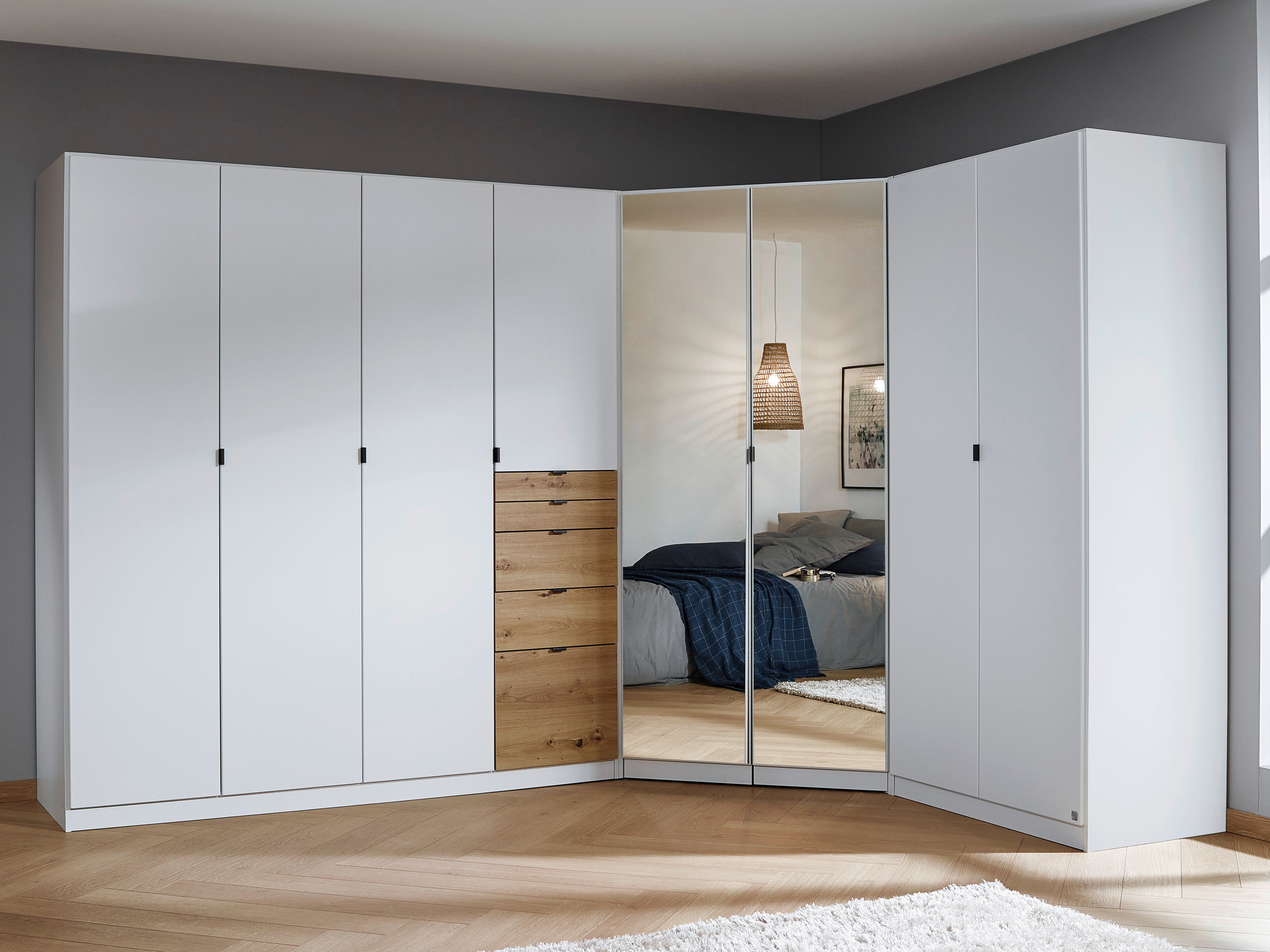 Armoire OTAMENDI 8 portes 5 tiroirs avec miroir blanc neige/chêne artisan