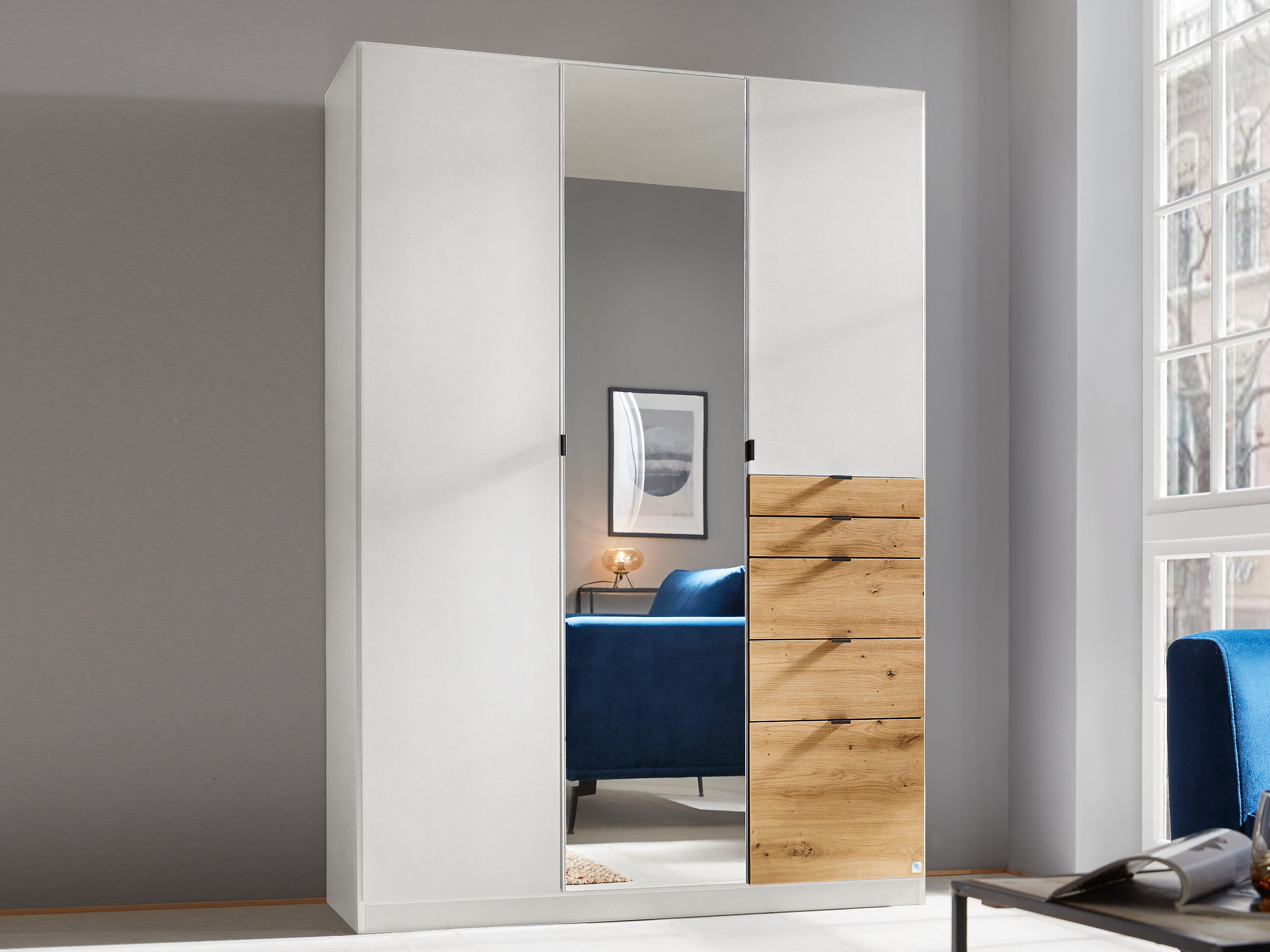 Armoire OTAMENDI 3 portes 5 tiroirs avec miroir blanc neige/chêne artisan