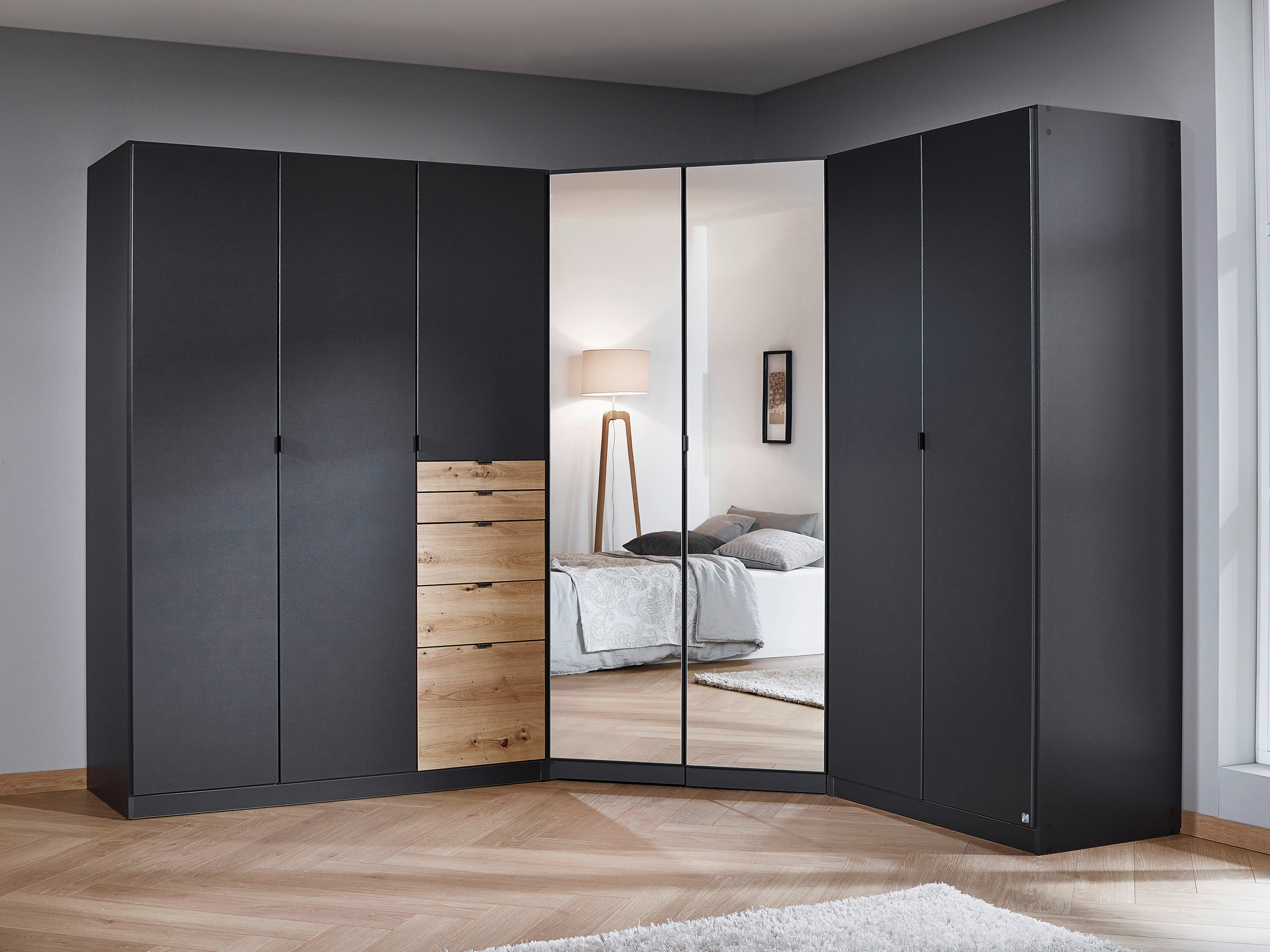 Armoire OTAMENDI 7 portes 5 tiroirs avec miroir gris métal/chêne artisan