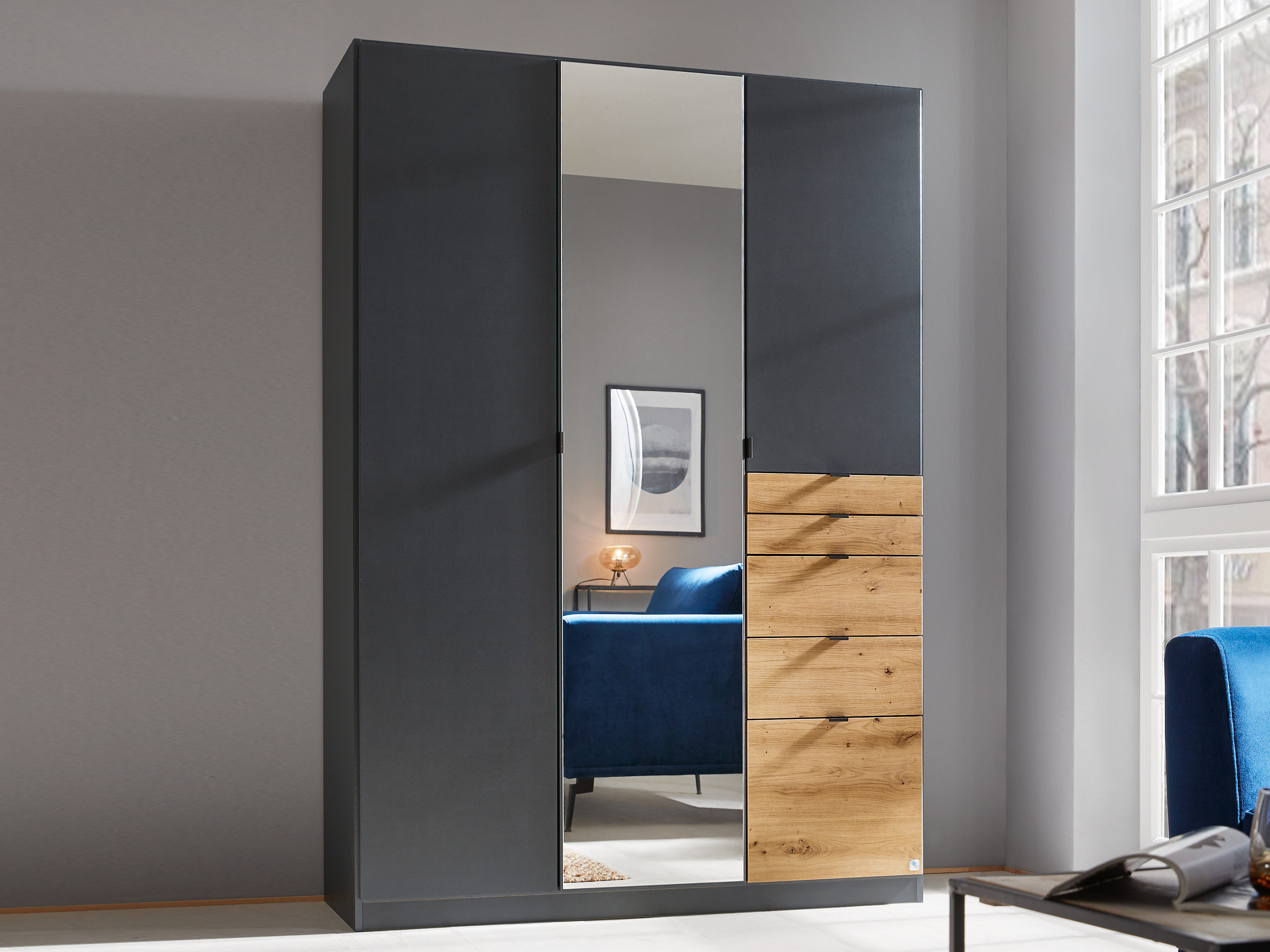 Armoire OTAMENDI 3 portes 5 tiroirs avec miroir gris métal/chêne artisan