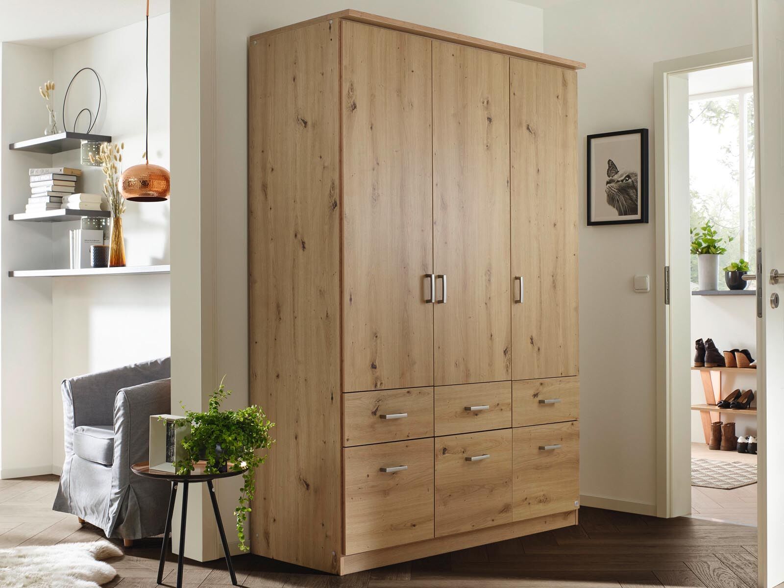 Armoire BREMA 3 portes 6 tiroirs chêne artisan