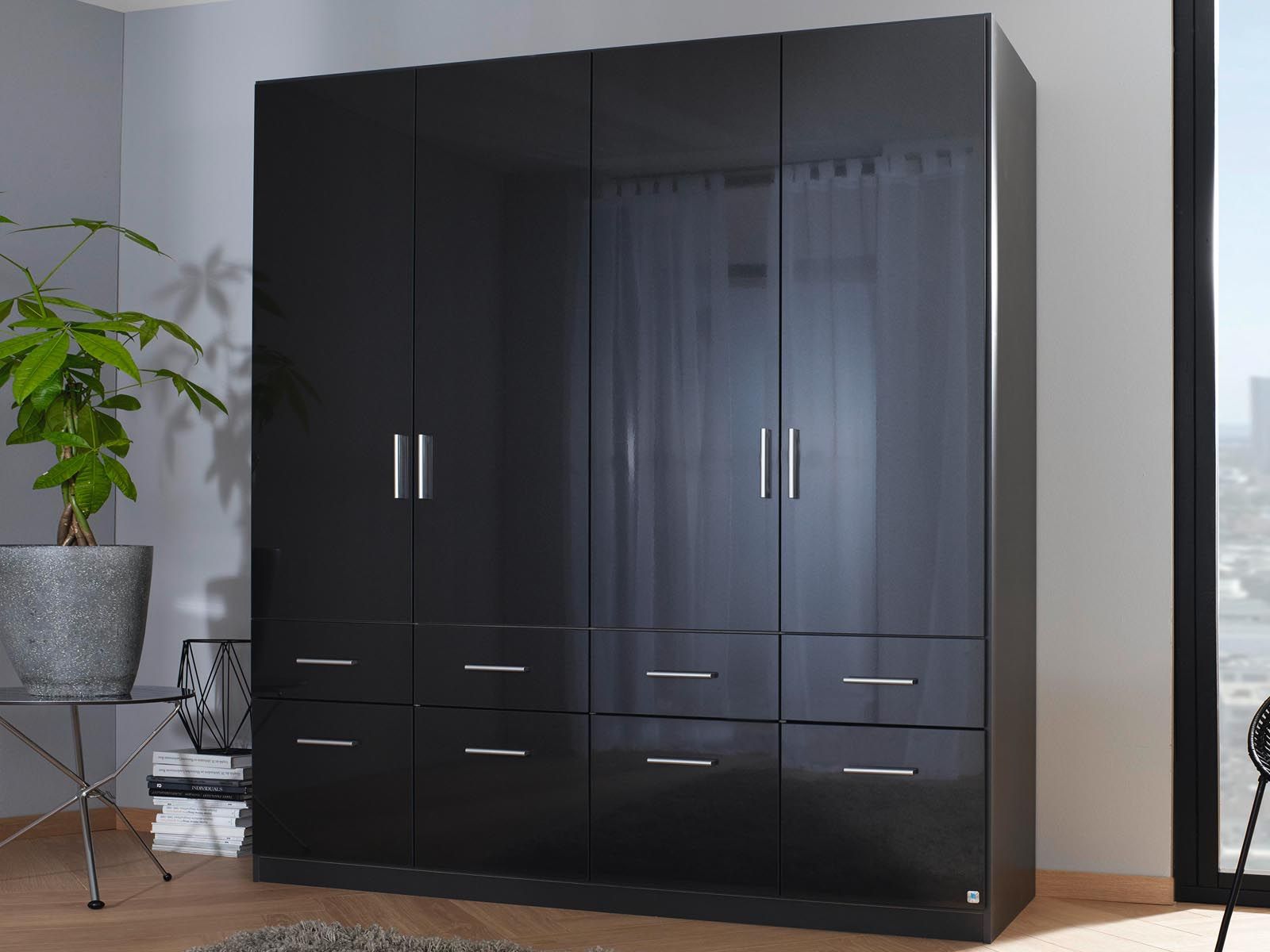 Armoire CELLO 4 portes 8 tiroirs gris brillant/gris métal