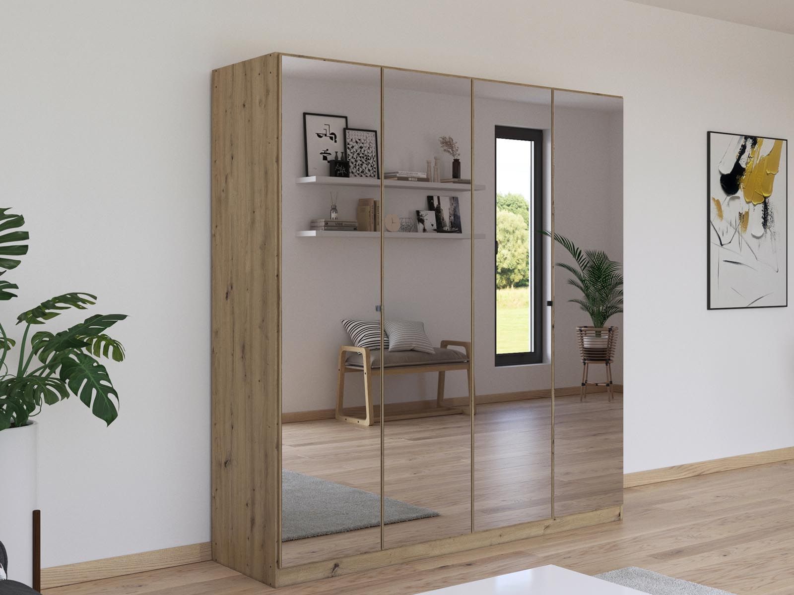 Armoire REFALEO 4 portes chêne artisan avec miroir