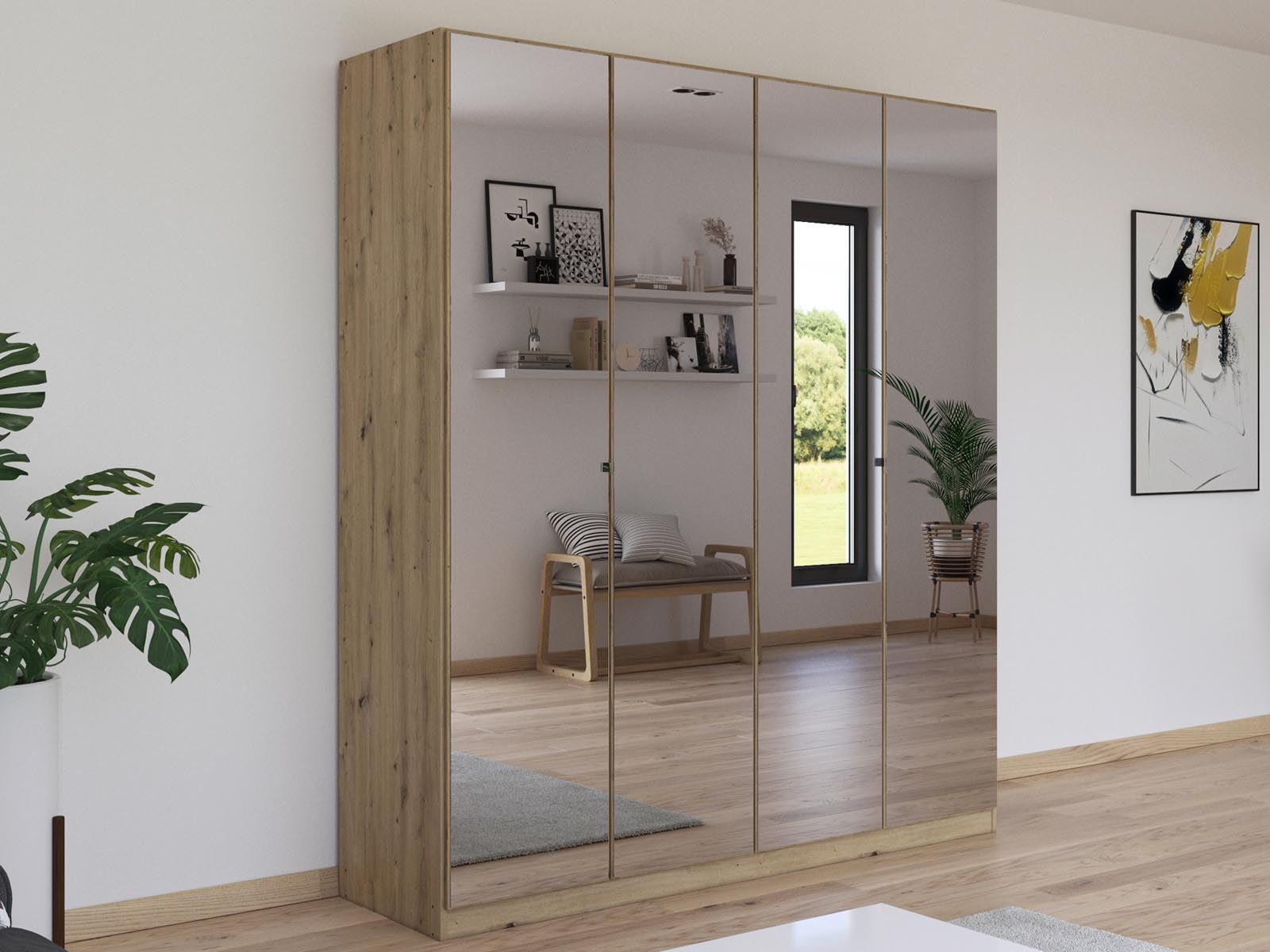 Armoire REFOLACHI 4 portes chêne artisan avec miroir