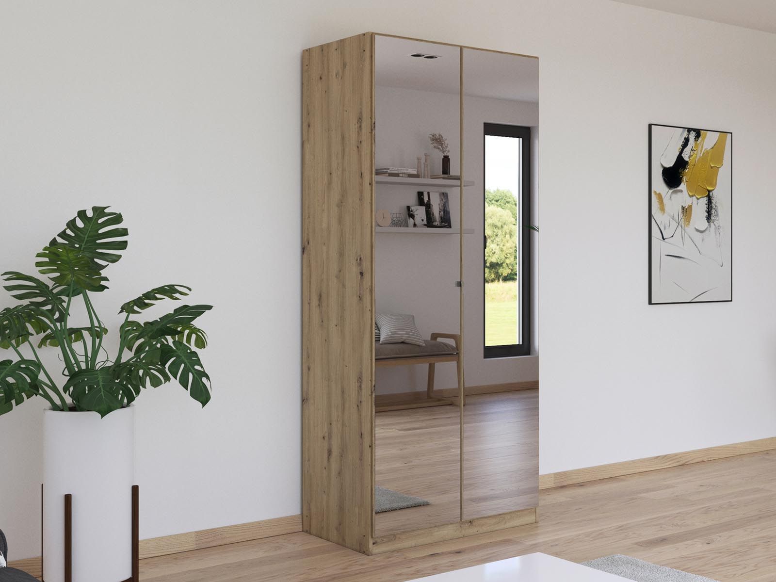 Armoire REFOLACHI 2 portes chêne artisan avec miroir