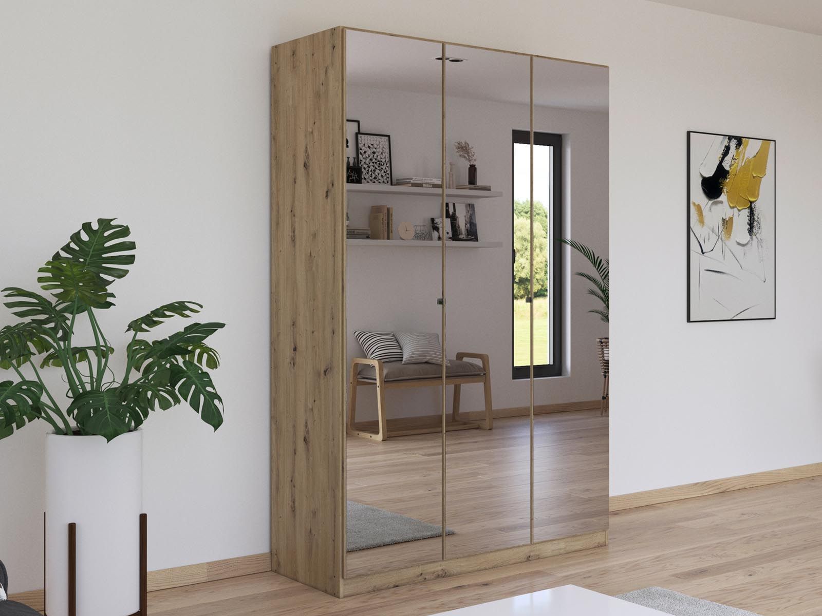 Armoire REFOLACHI 3 portes chêne artisan avec miroir