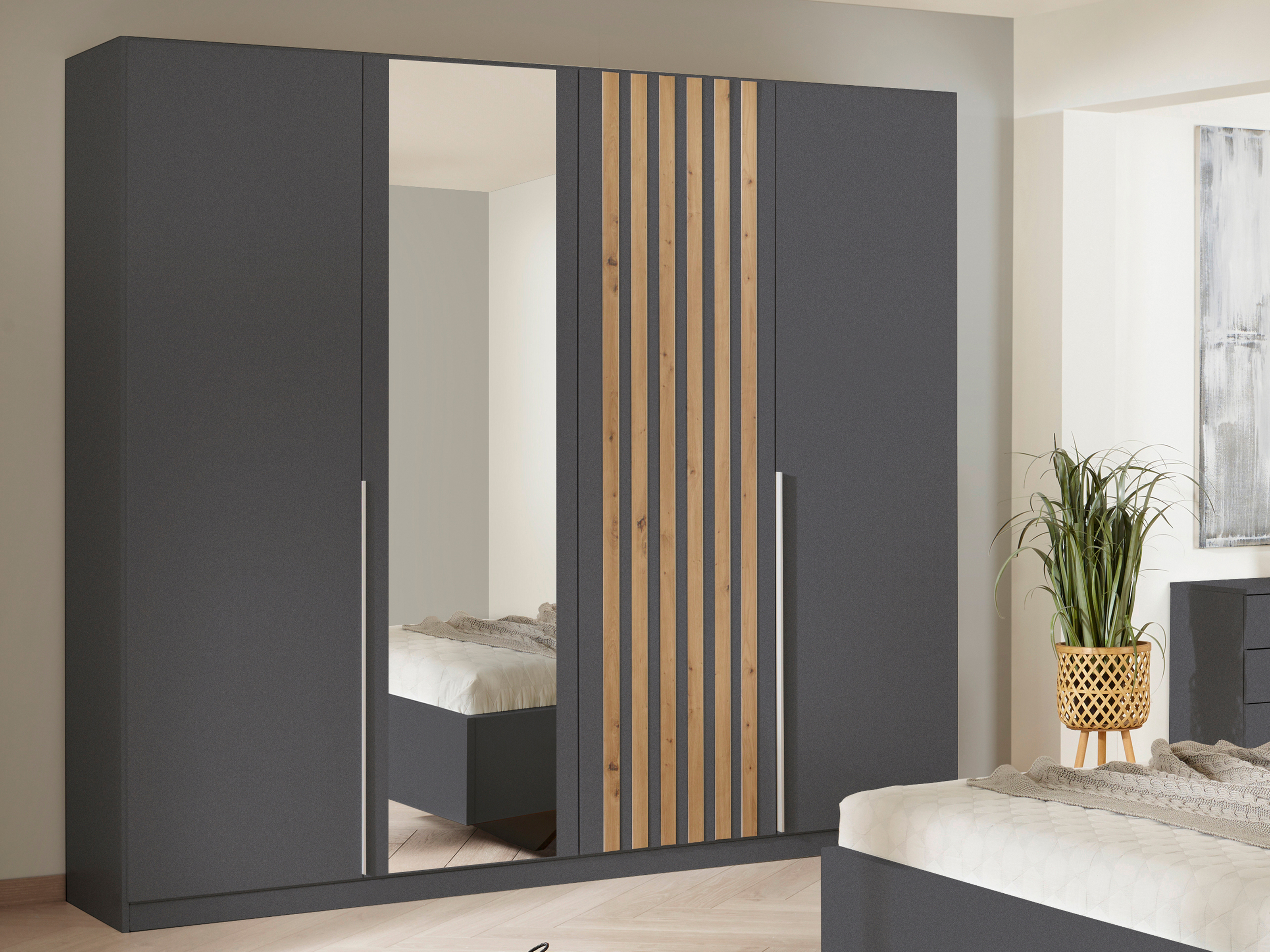 Armoire LATINO gris métal/chêne artisan 4 portes avec miroir