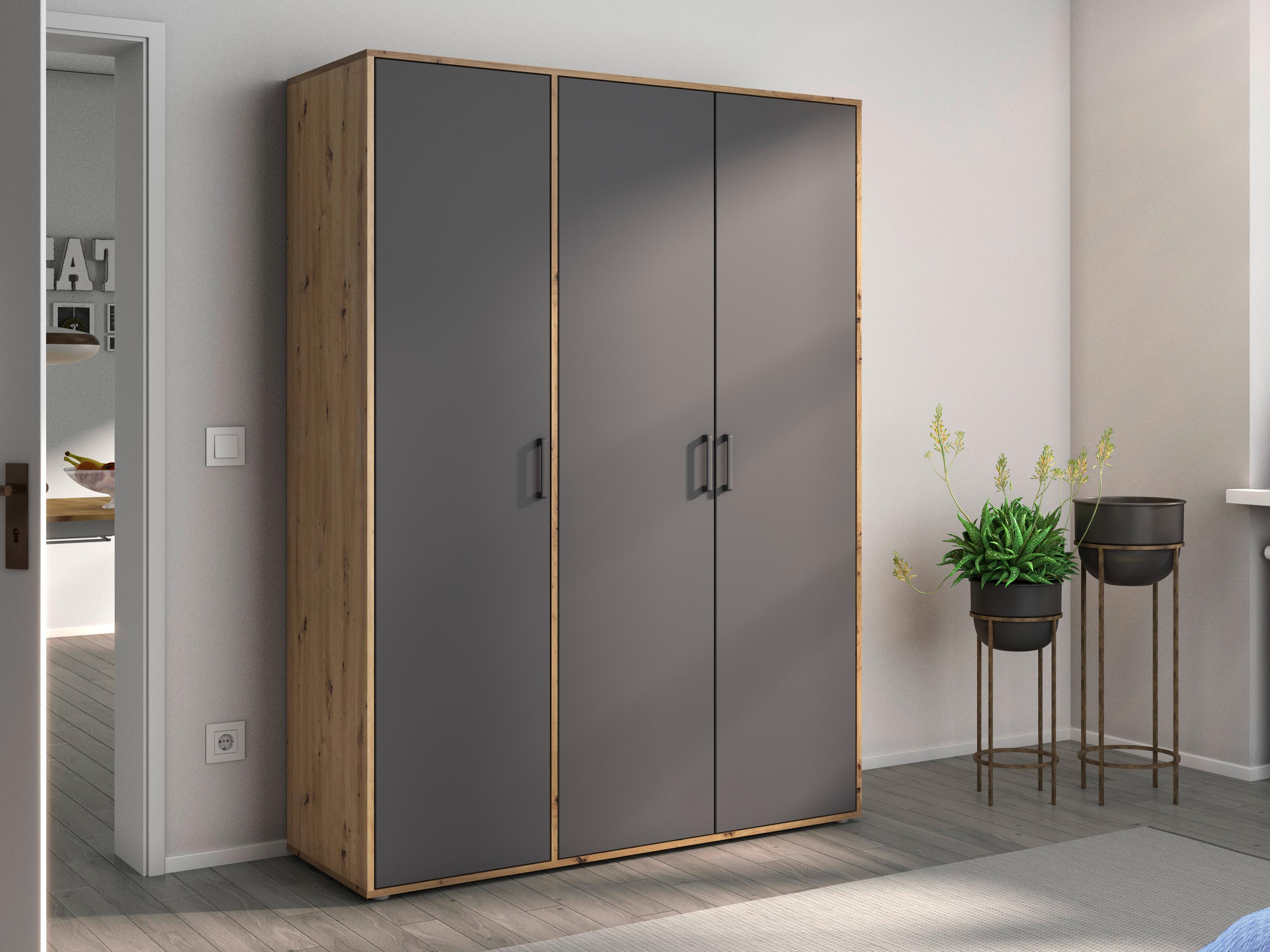 Armoire VOLTARI 3 portes gris métallique/chêne artisan