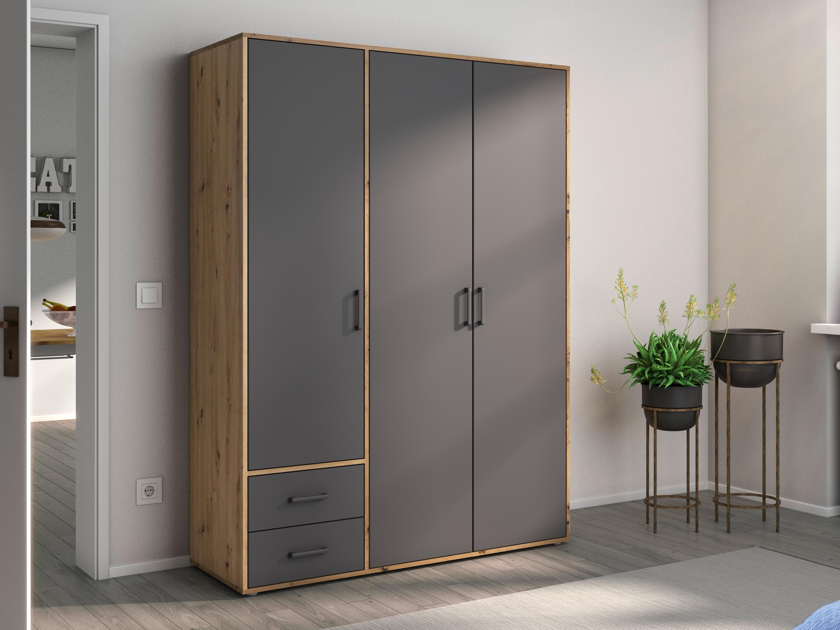 Armoire VOLTARI 3 portes 2 tiroirs gris métallique/chêne artisan