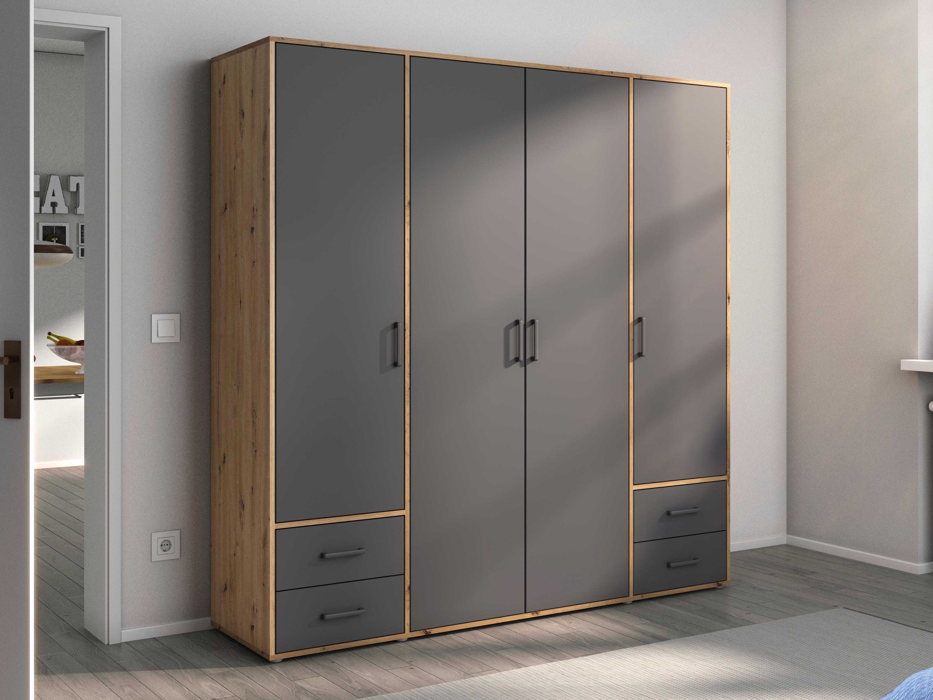 Armoire VOLTARI 4 portes 4 tiroirs gris métallique/chêne artisan