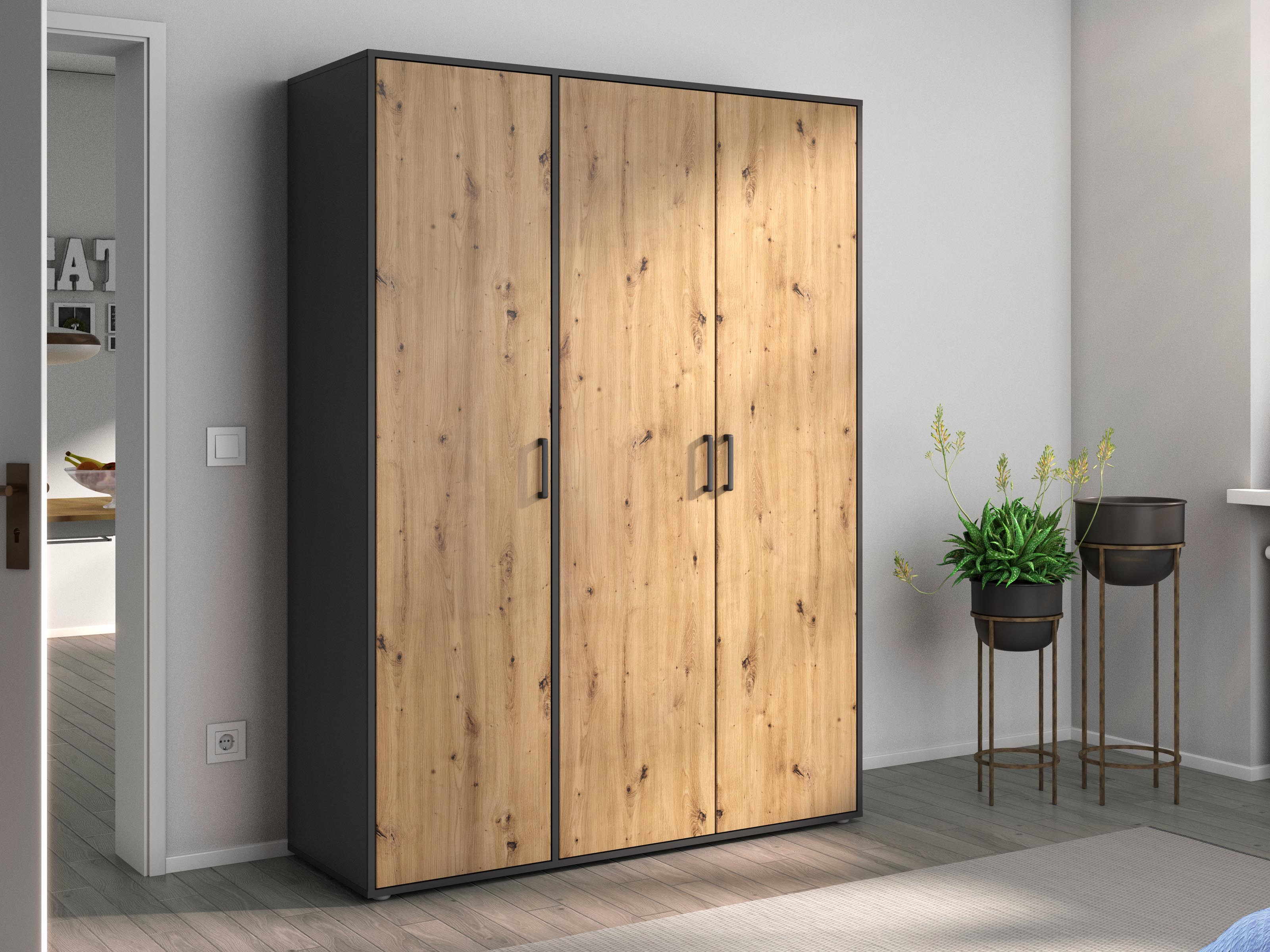 Armoire VOLTARI 3 portes chêne artisan/gris métallique
