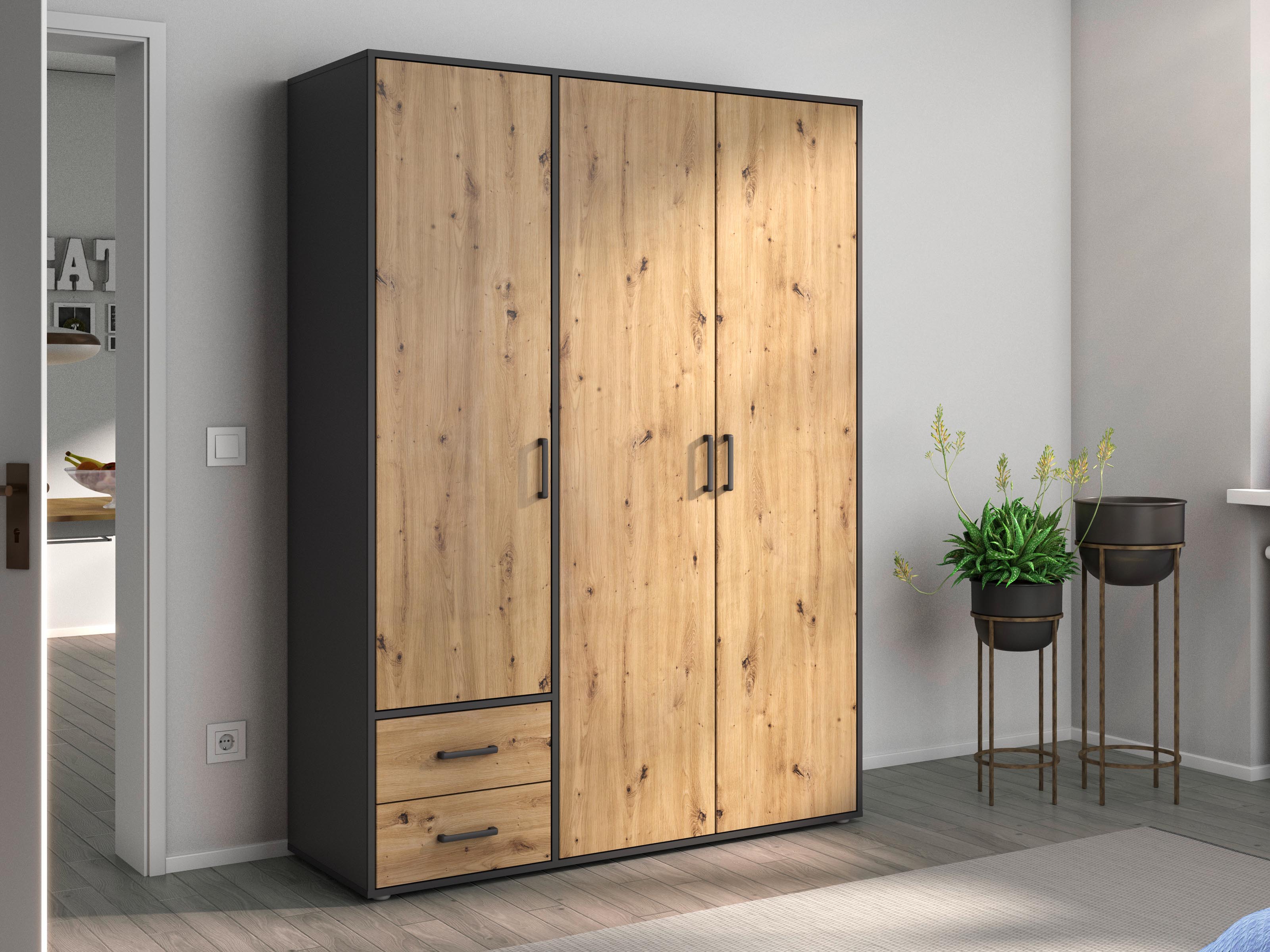 Armoire VOLTARI 3 portes 2 tiroirs chêne artisan/gris métallique