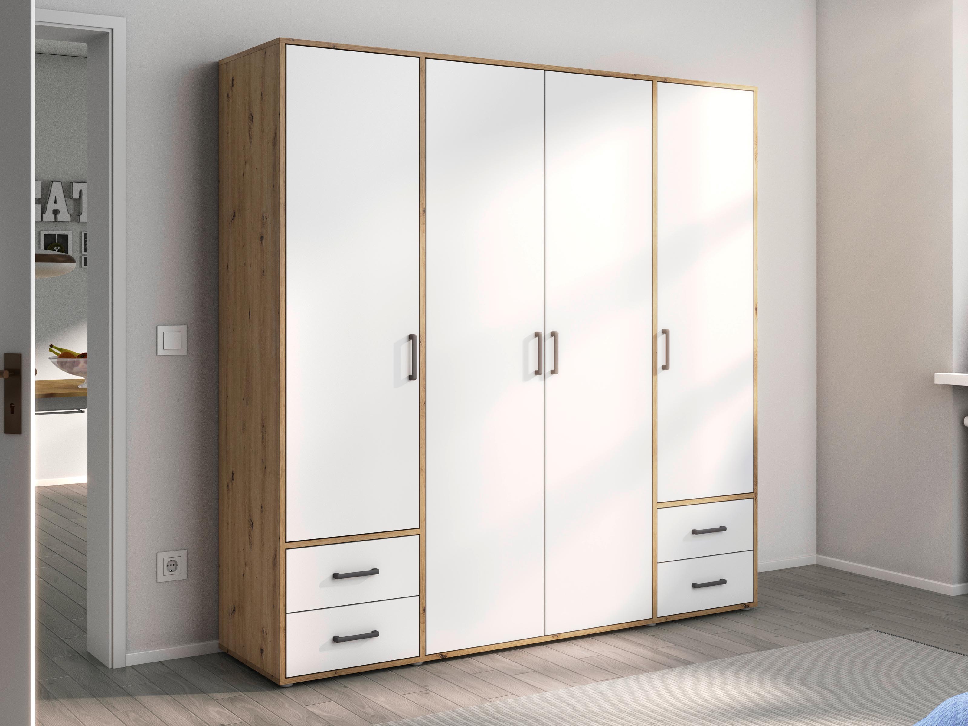 Armoire VOLTARI 4 portes 4 tiroirs chêne artisan/blanc alpin