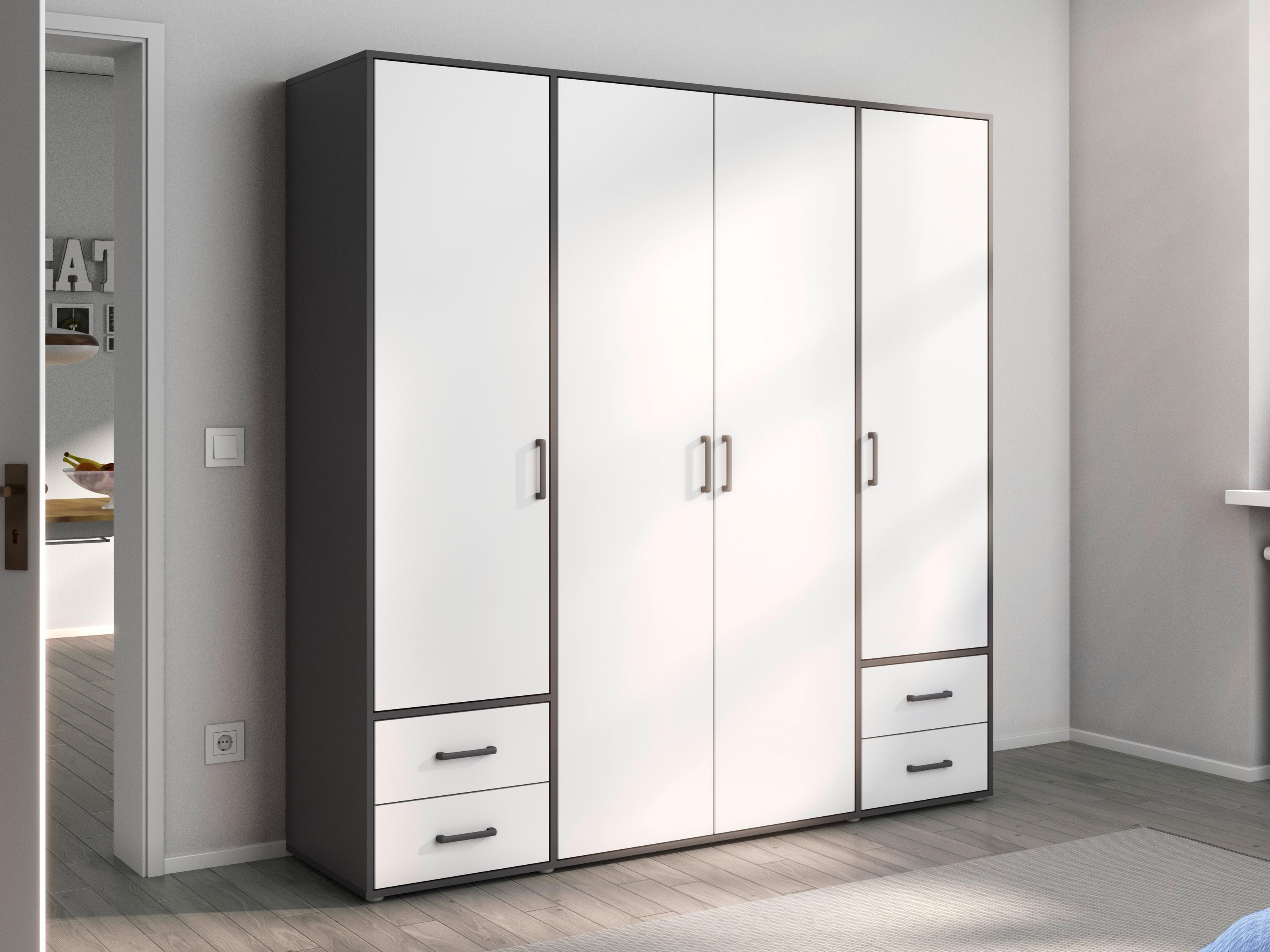 Armoire VOLTARI 4 portes 4 tiroirs gris métallique/blanc alpin