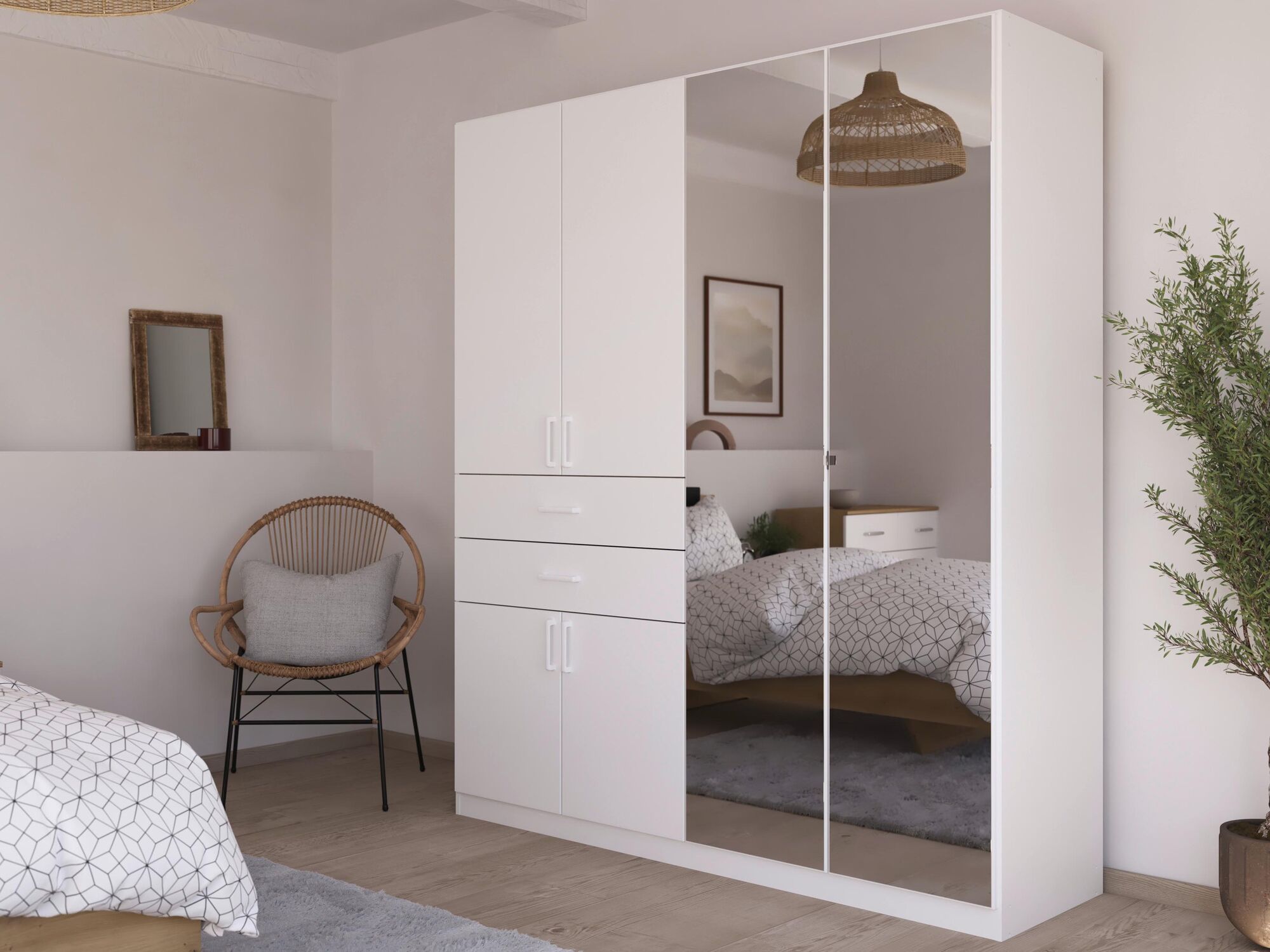 Armoire MAKALISKA 6 portes 2 tiroirs blanc avec miroirs