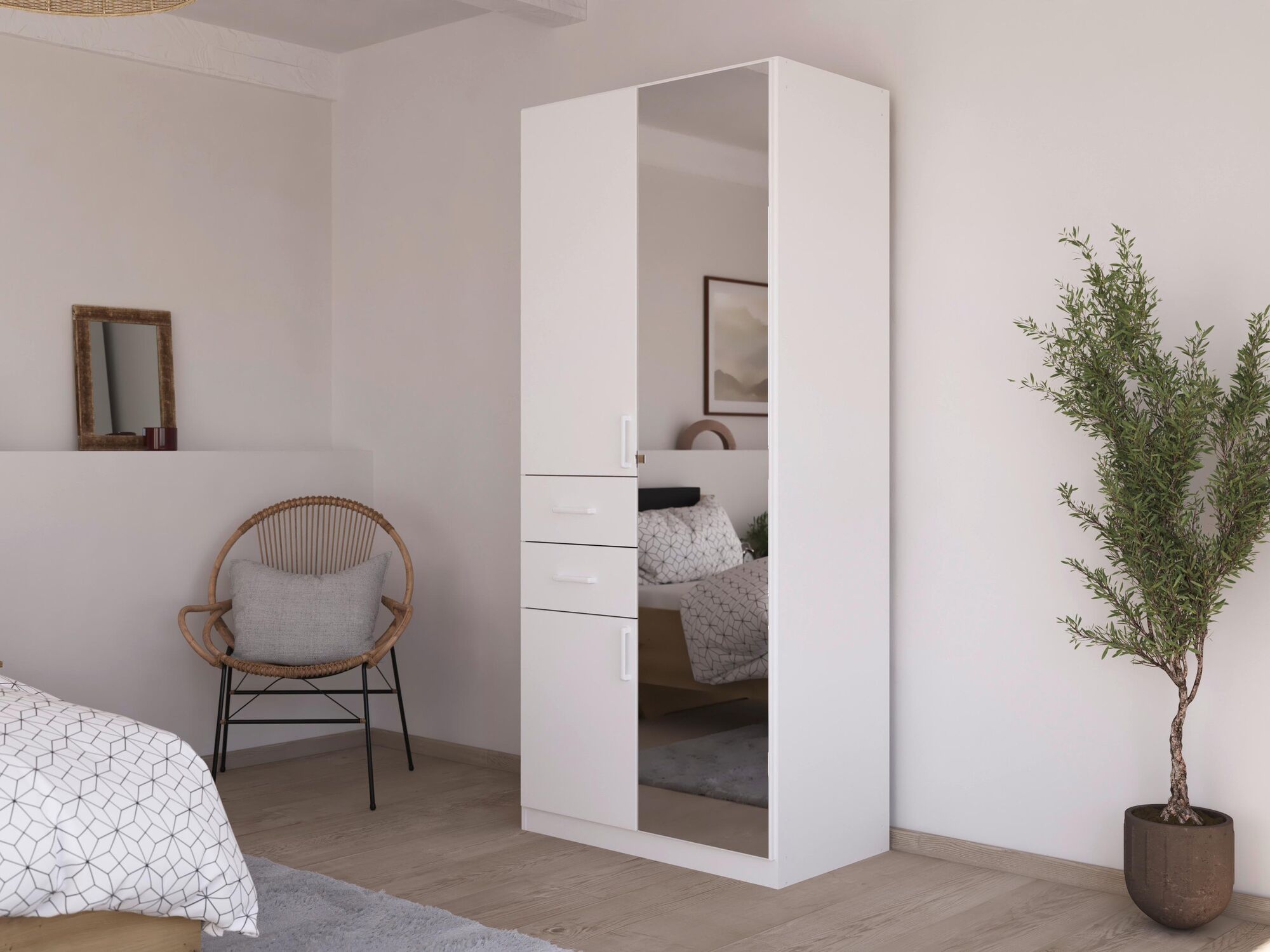 Armoire MAKALISKA 3 portes 2 tiroirs blanc avec miroirs