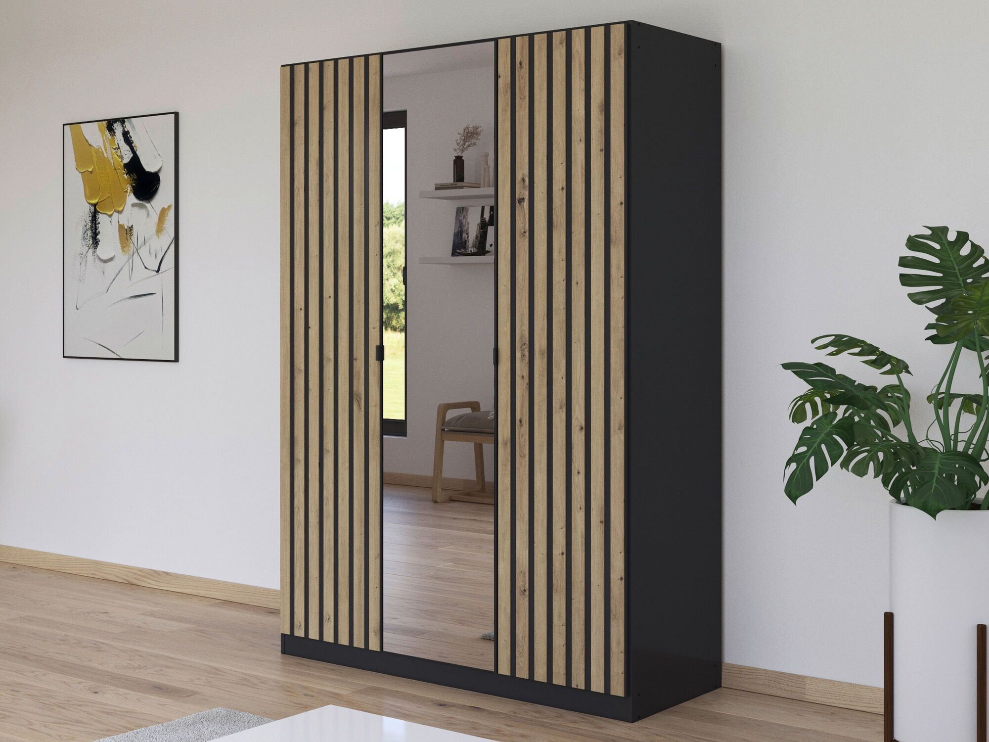 Armoire GENUMO 3 portes gris métal avec miroir