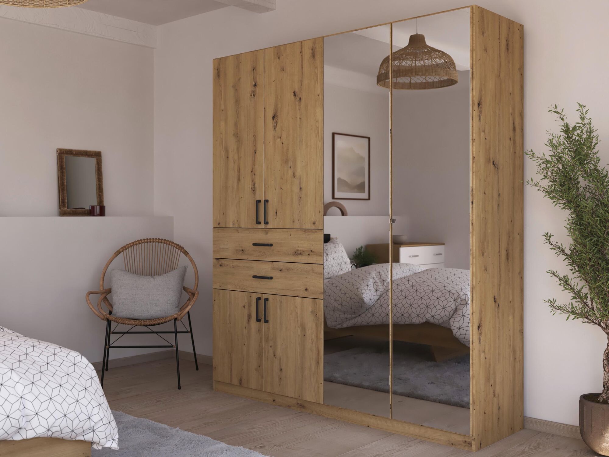 Armoire MAKALISKA 6 portes 2 tiroirs chêne artisan avec miroirs