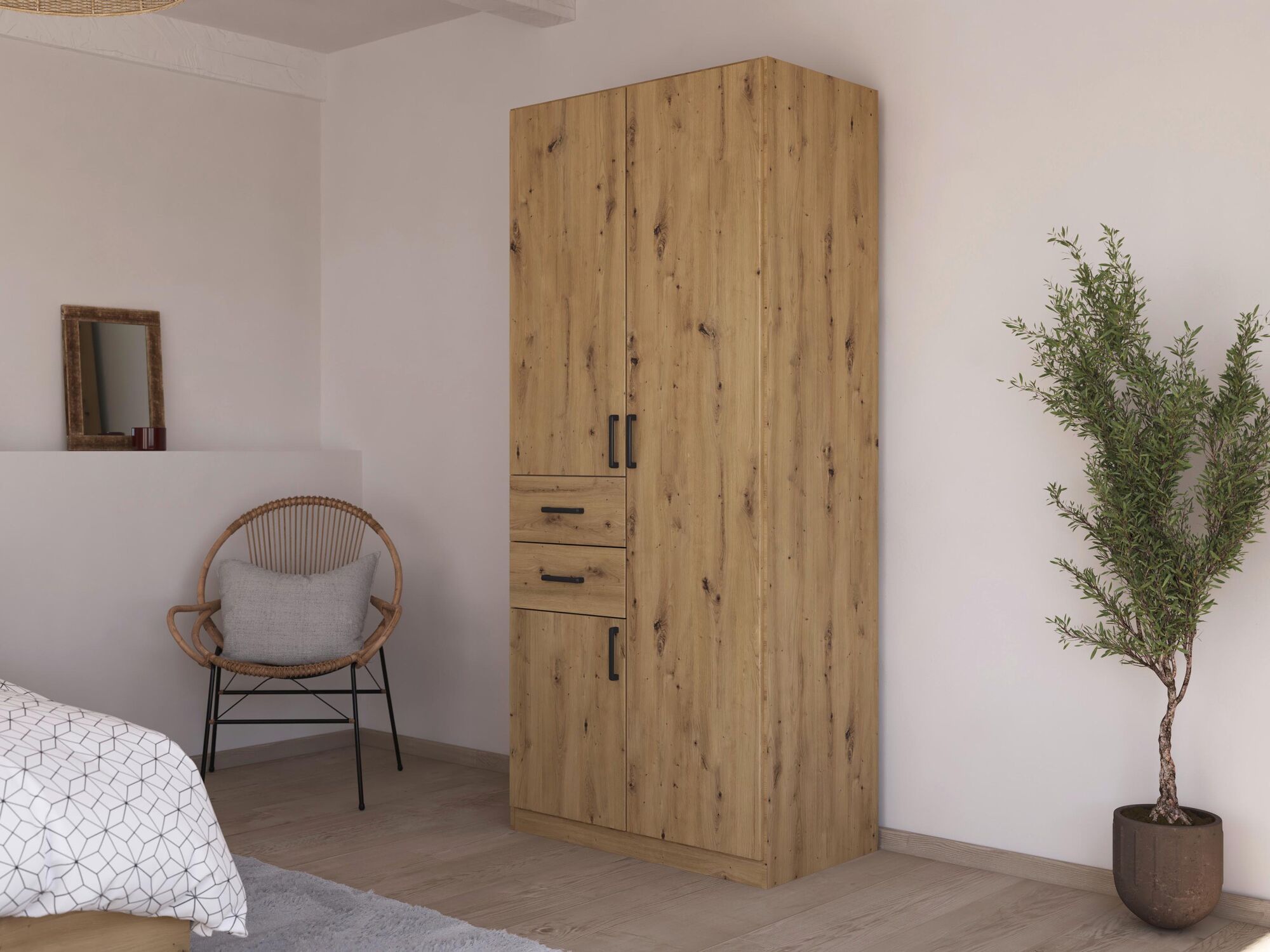 Armoire MAKALISKA 3 portes 2 tiroirs chêne artisan