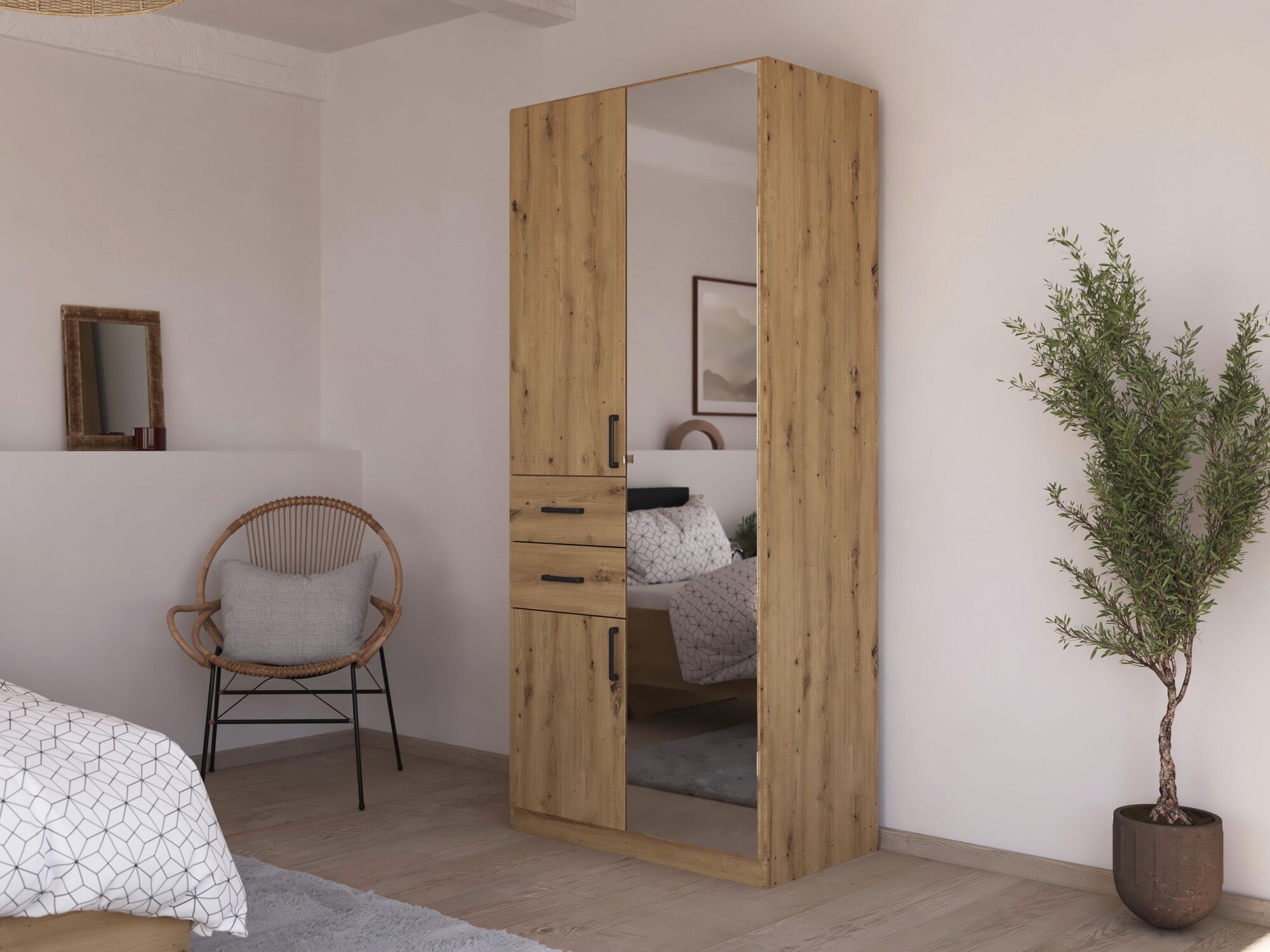 Armoire MAKALISKA 3 portes 2 tiroirs chêne artisan avec miroirs