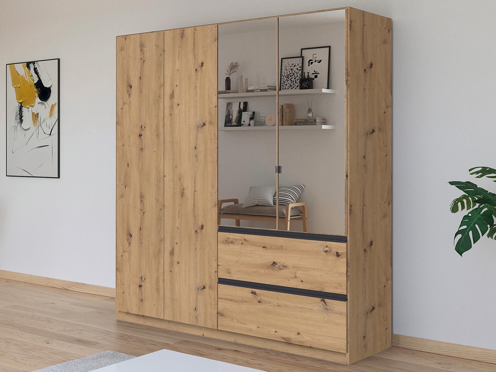 Armoire CONSTANTINOS 4 portes 2 tiroirs chêne artisan avec miroirs